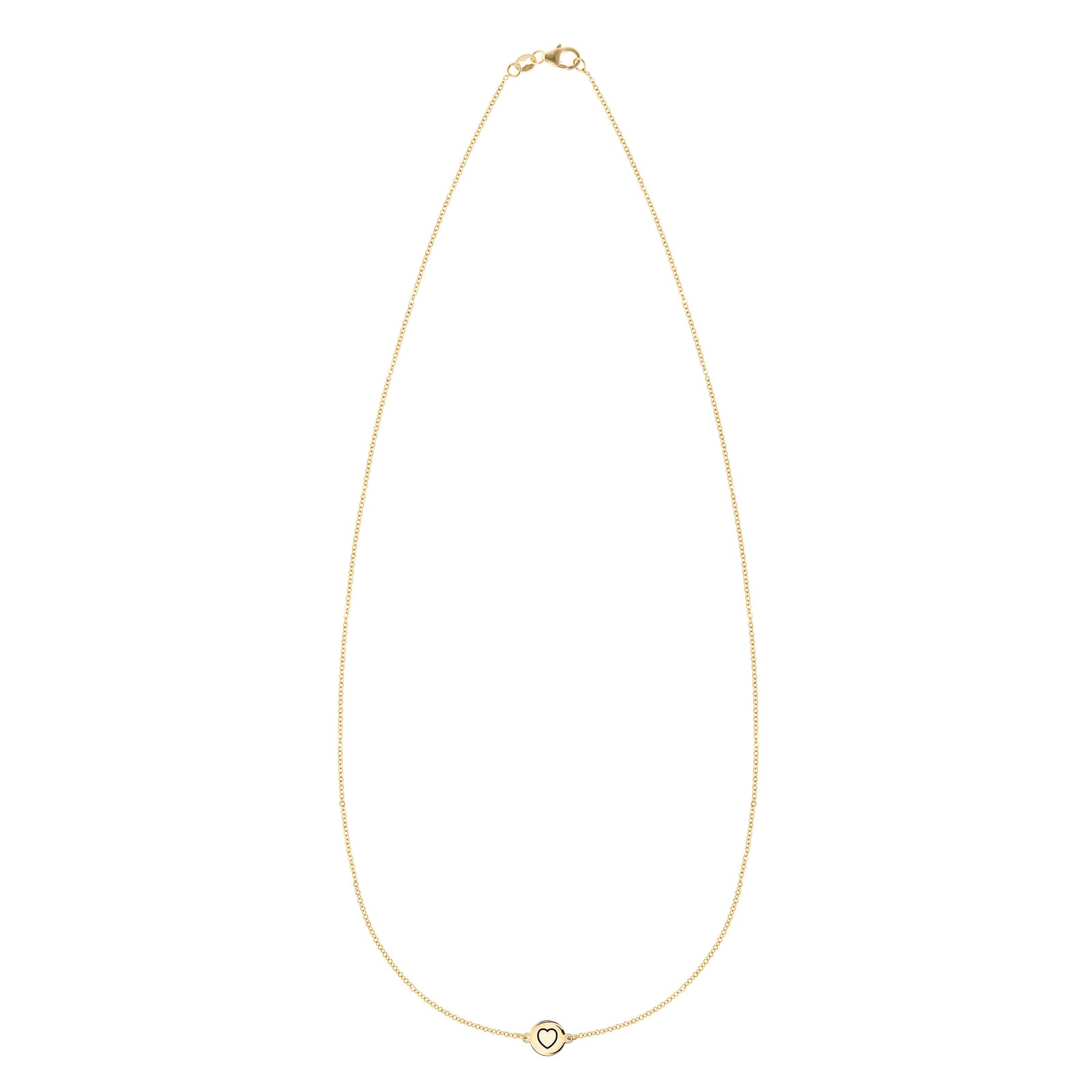 14k yellow gold 1.17 mm cable chain necklace featuring one 1/4” flat disc engraved with a heart