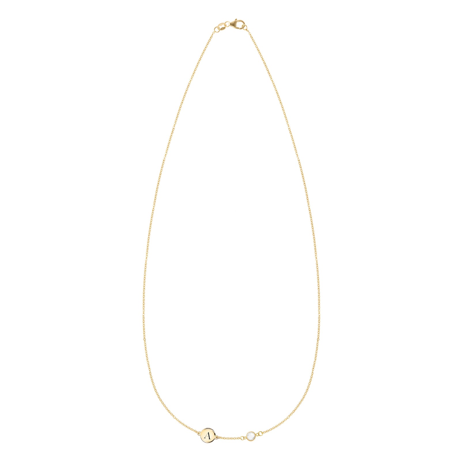 14k gold cable chain Classic necklace featuring one birthstone and one 1/4” flat disc engraved with the letter A