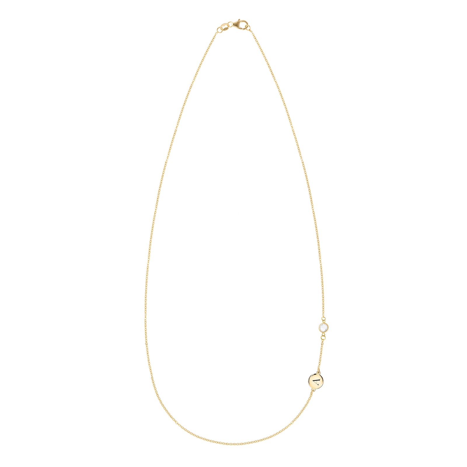 14k gold cable chain Classic necklace featuring one birthstone and one 1/4” flat disc engraved with the letter A