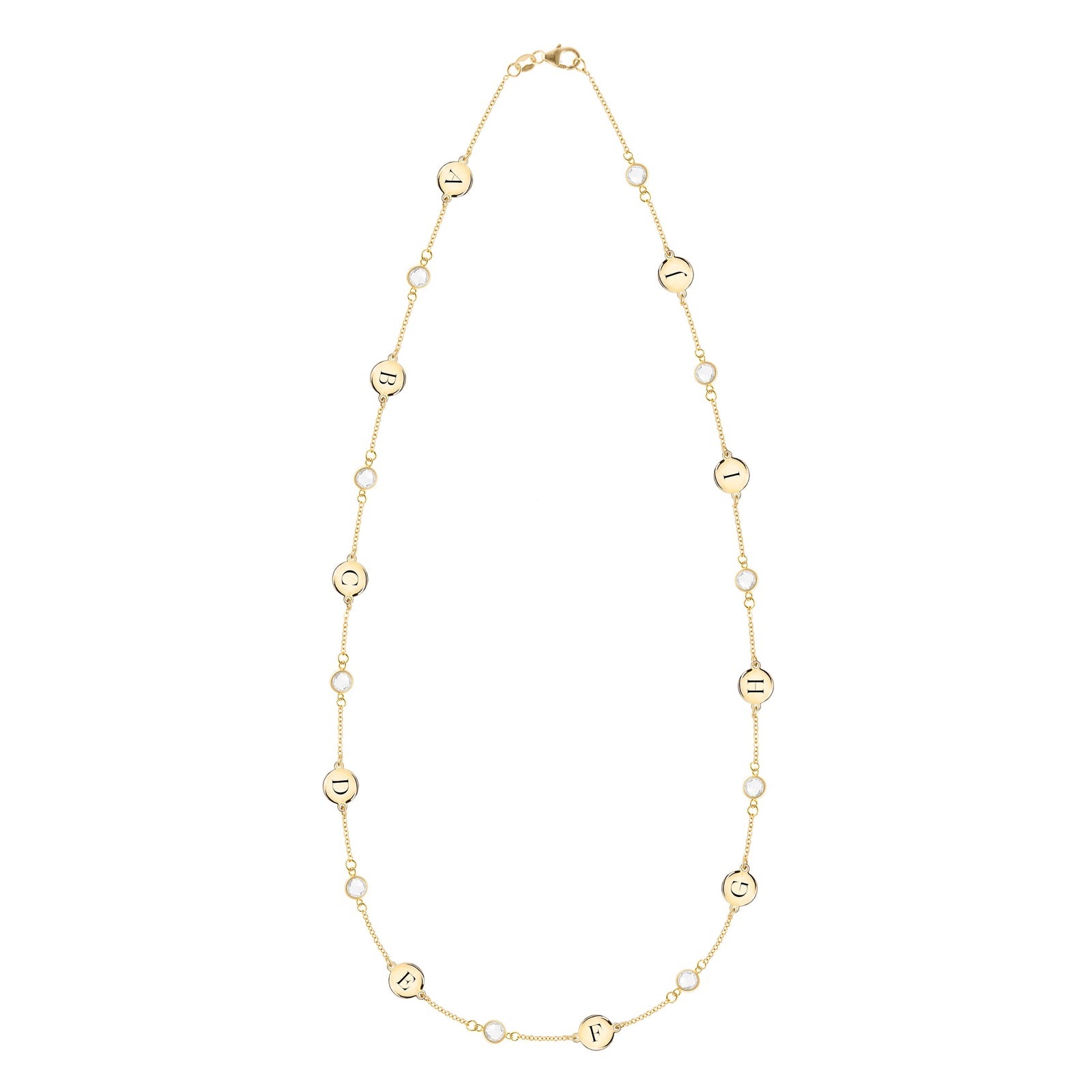 14k gold Classic necklace featuring 10 birthstones and 10 flat discs engraved with the letters ABCDEFGHIJ