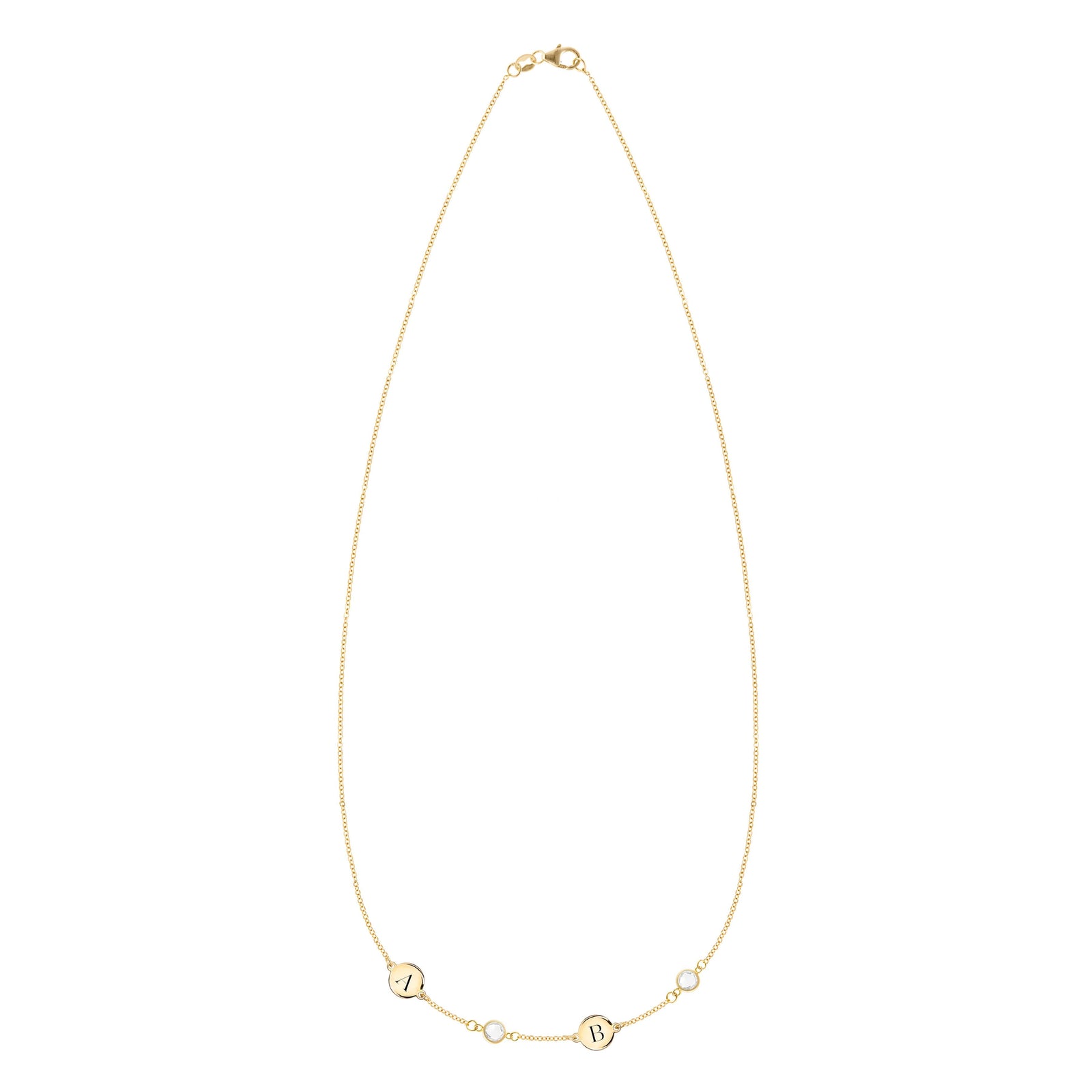 14k yellow gold Classic necklace featuring two birthstones and two 1/4” flat letter-engraved discs