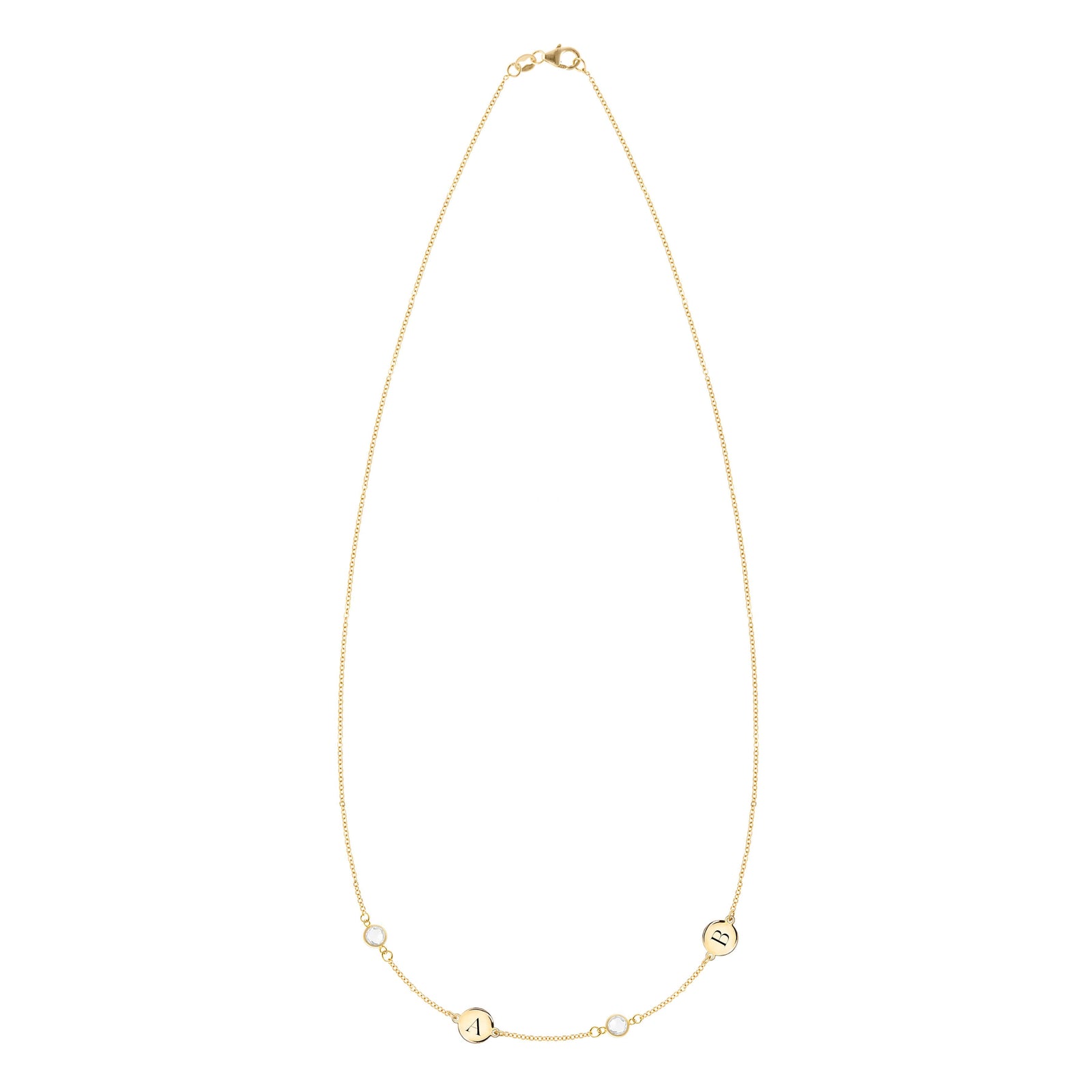 14k gold Classic necklace featuring two birthstones and two 1/4” flat letter-engraved discs