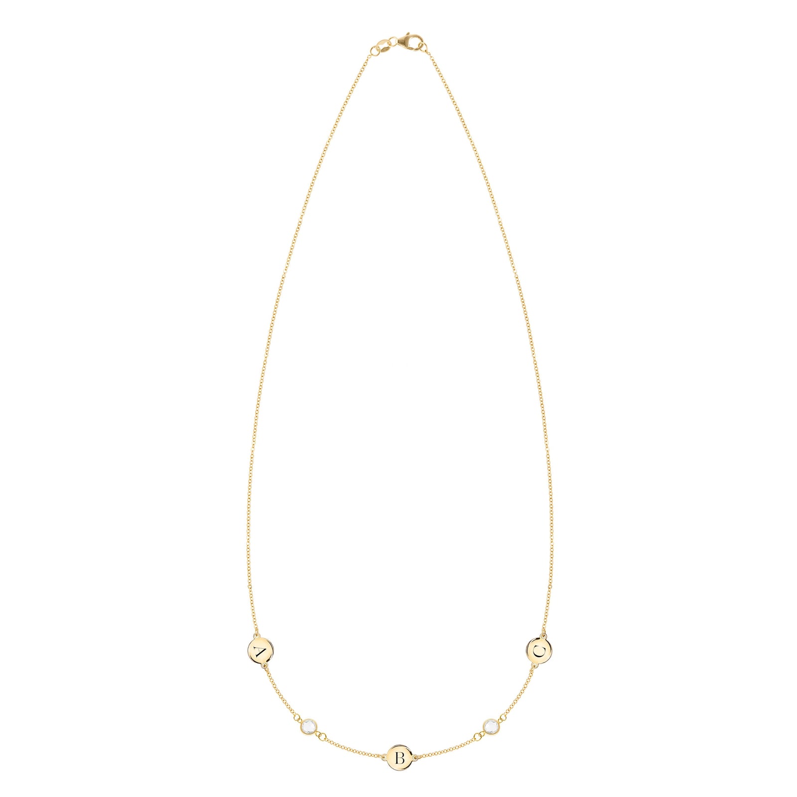 14k gold Classic necklace featuring two birthstones and three 1/4” flat letter-engraved discs