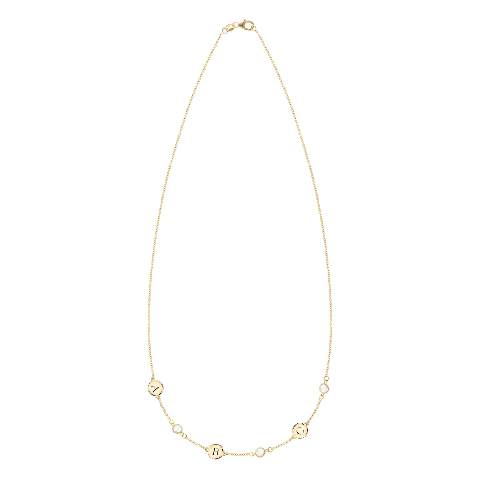 14k gold Classic necklace featuring three birthstones and three 1/4” flat letter-engraved discs
