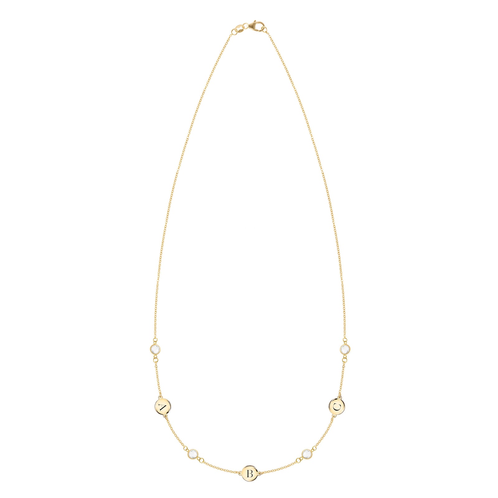 14k gold yellow Classic necklace featuring 4 birthstones and three 1/4” flat letter-engraved discs