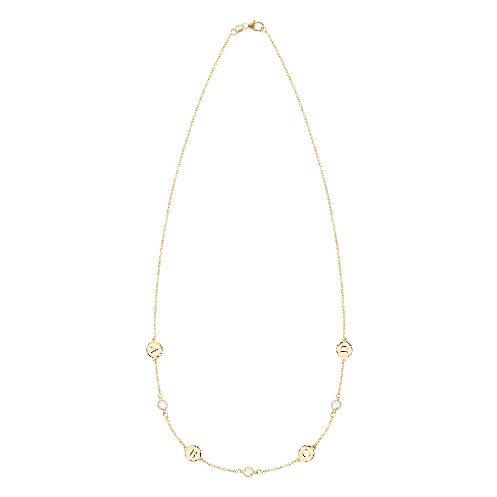 14k yellow gold Classic necklace featuring three round birthstones and four 1/4” flat letter-engraved discs