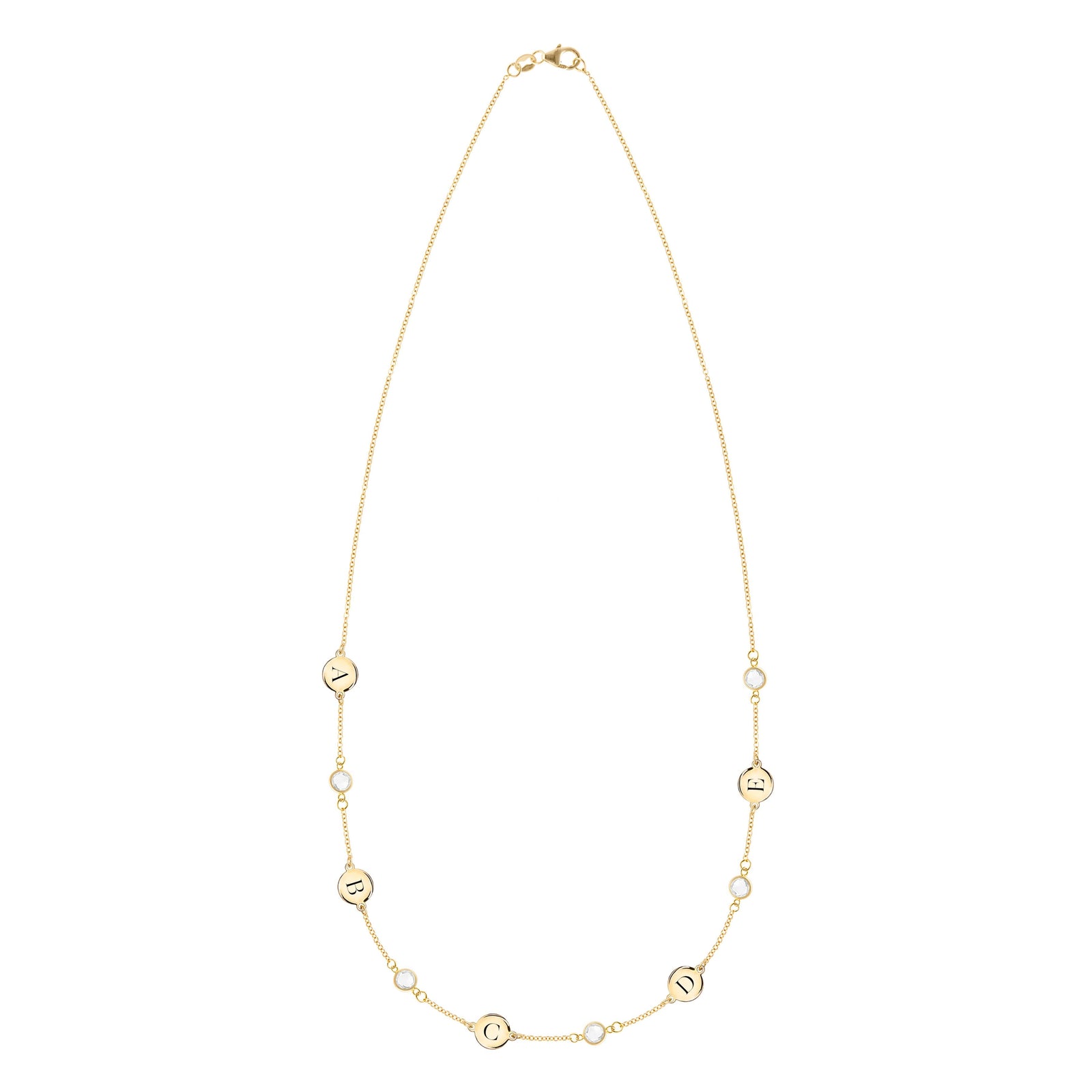 14k yellow gold Classic necklace featuring five round birthstones and five 1/4” flat letter-engraved discs