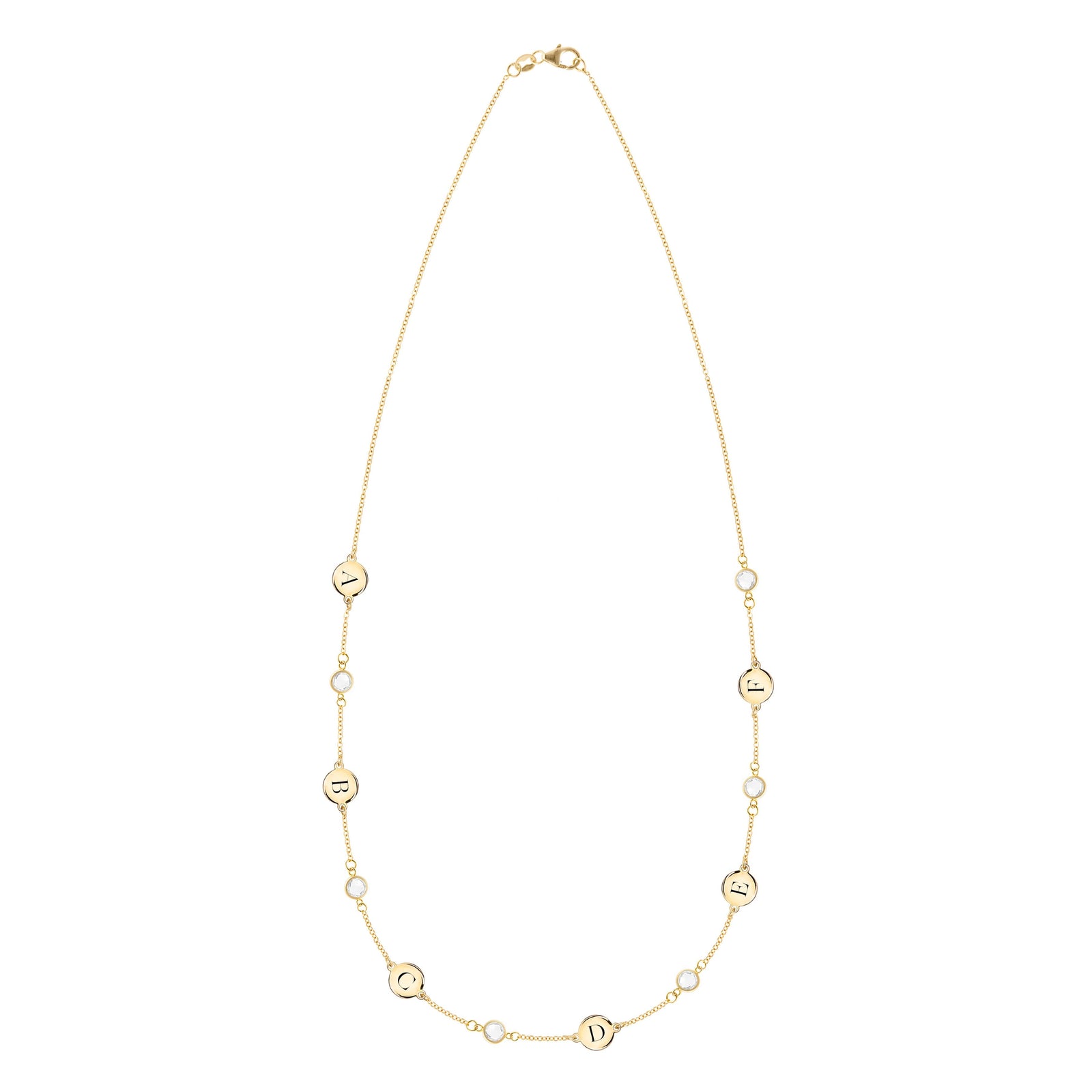 14k yellow gold Classic necklace featuring six round birthstones and six 1/4” flat letter-engraved discs