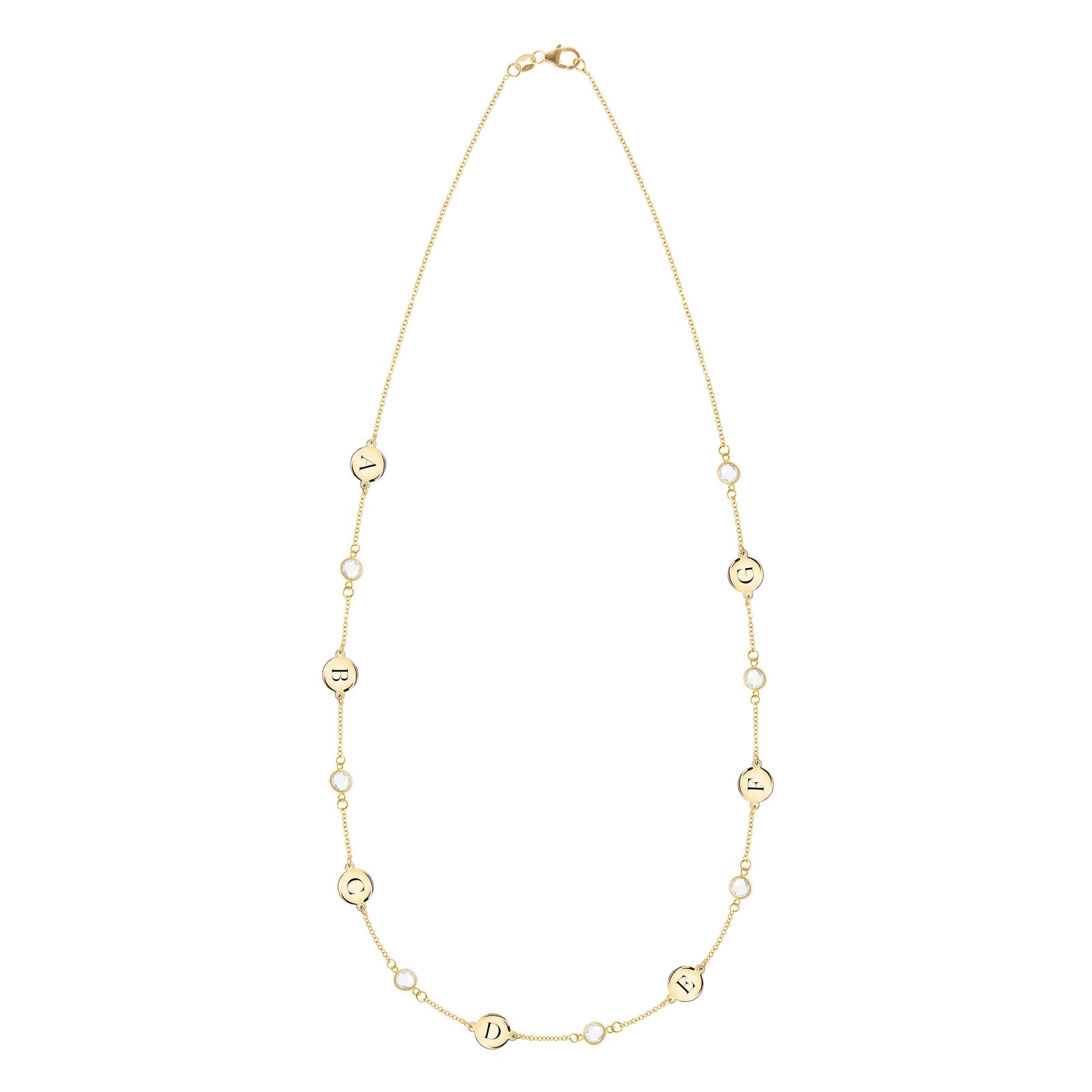 14k yellow gold Classic necklace featuring seven round birthstones and seven 1/4” flat letter-engraved discs