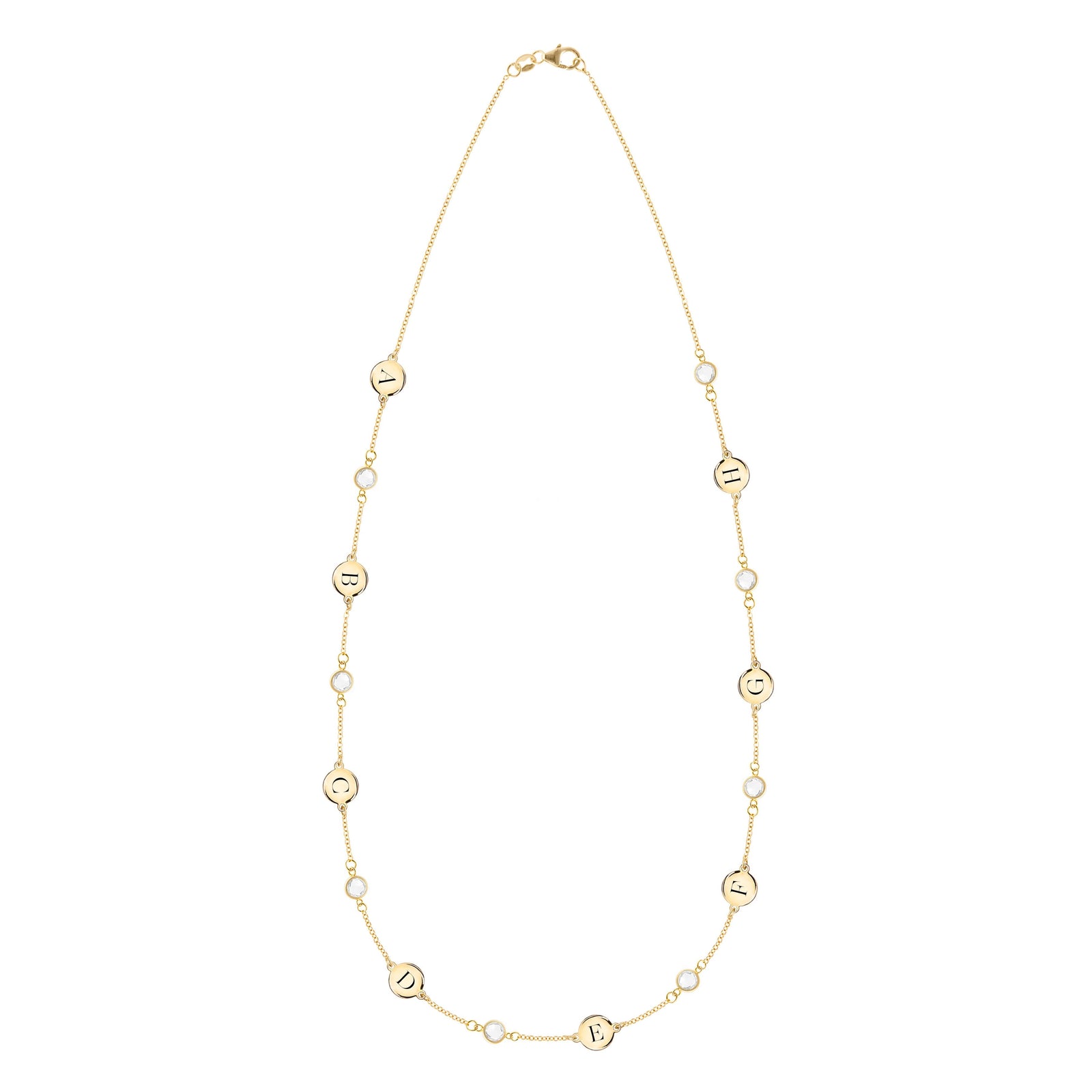 14k yellow gold Classic necklace featuring eight round birthstones and eight 1/4” flat letter-engraved discs