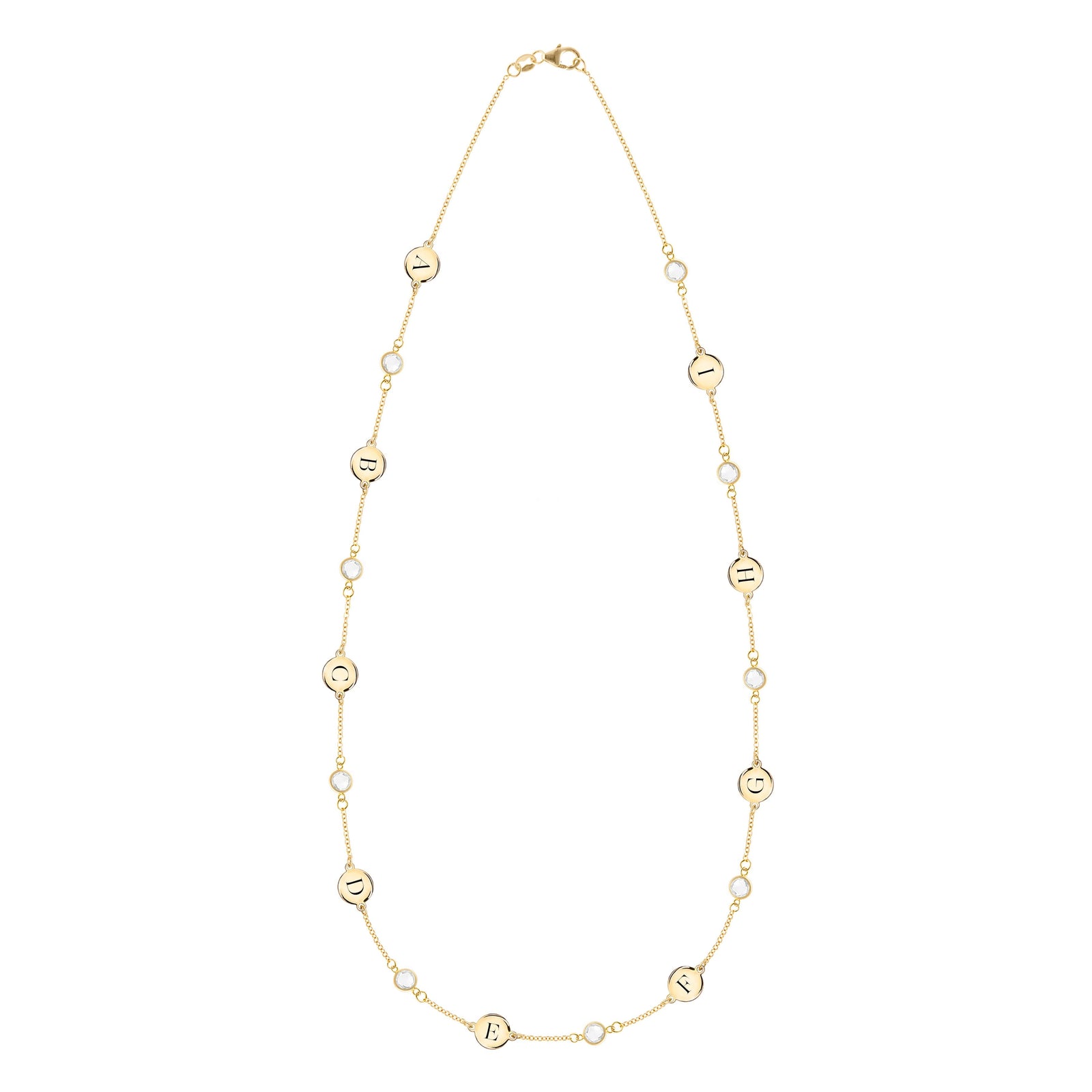 14k yellow gold Classic necklace featuring nine round birthstones and nine 1/4” flat letter-engraved discs