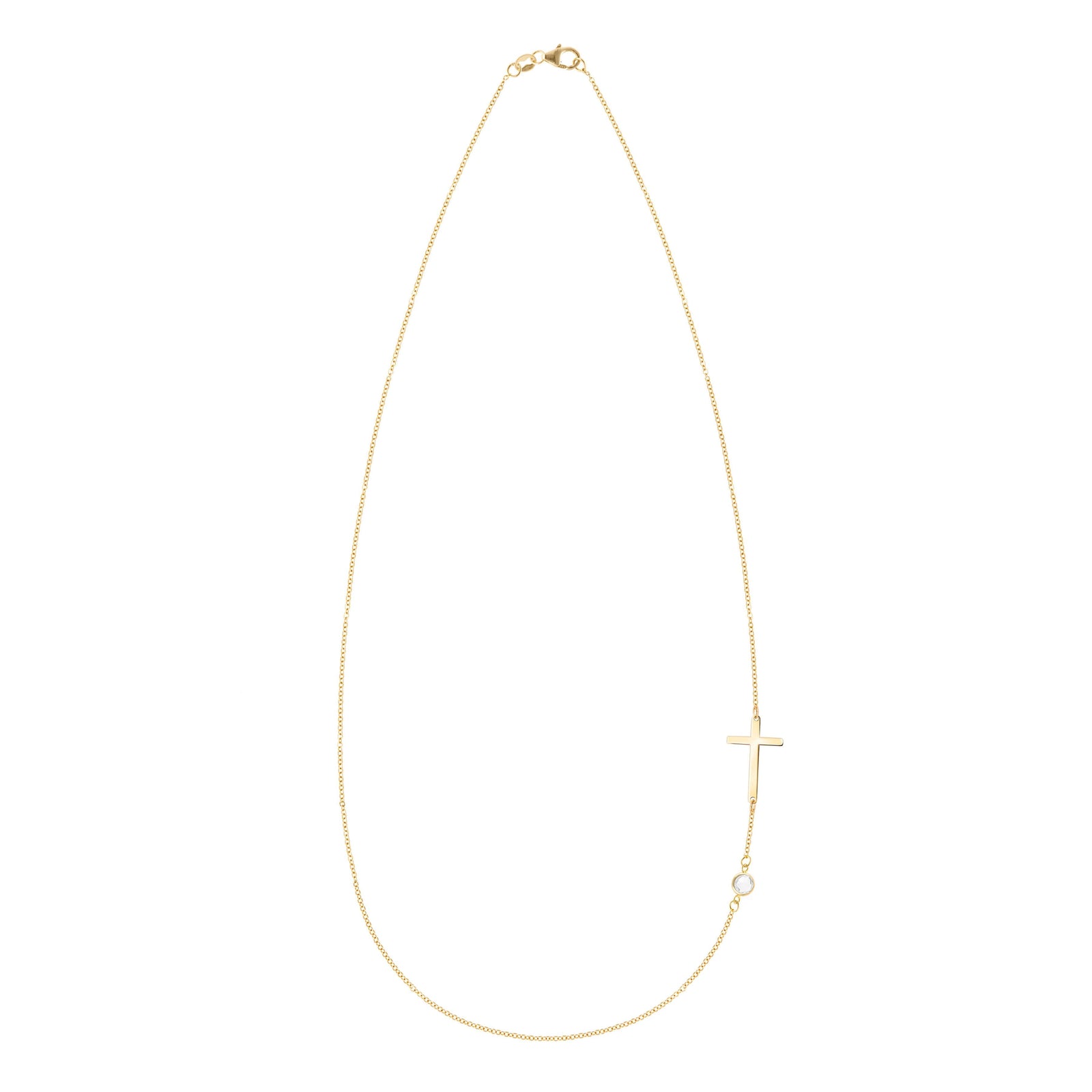 14k yellow gold 1.17 mm cable chain necklace featuring one round birthstone and a 1/2" cutout cross