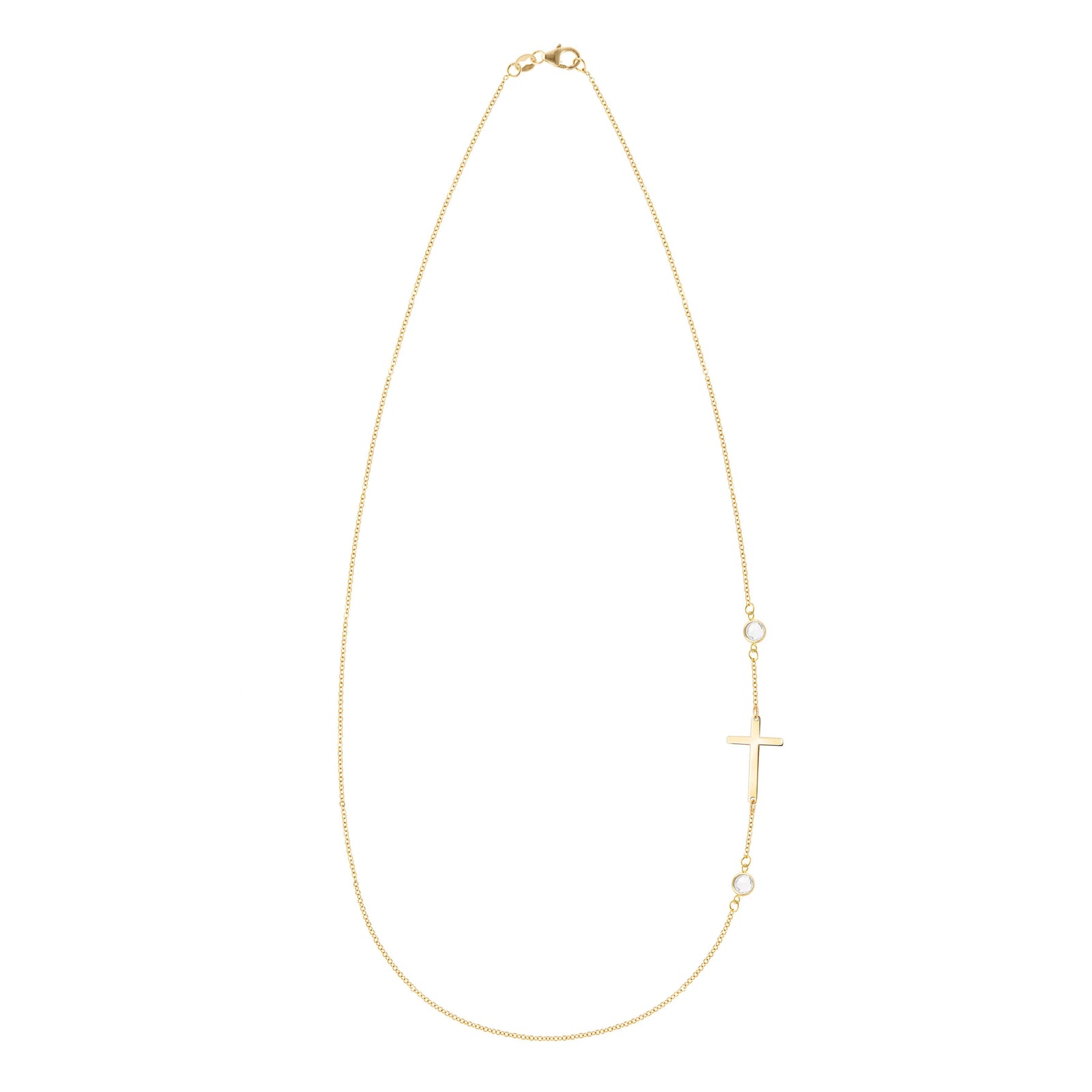 14k yellow gold 1.17 mm cable chain necklace featuring two round birthstones and a 1/2" cutout cross