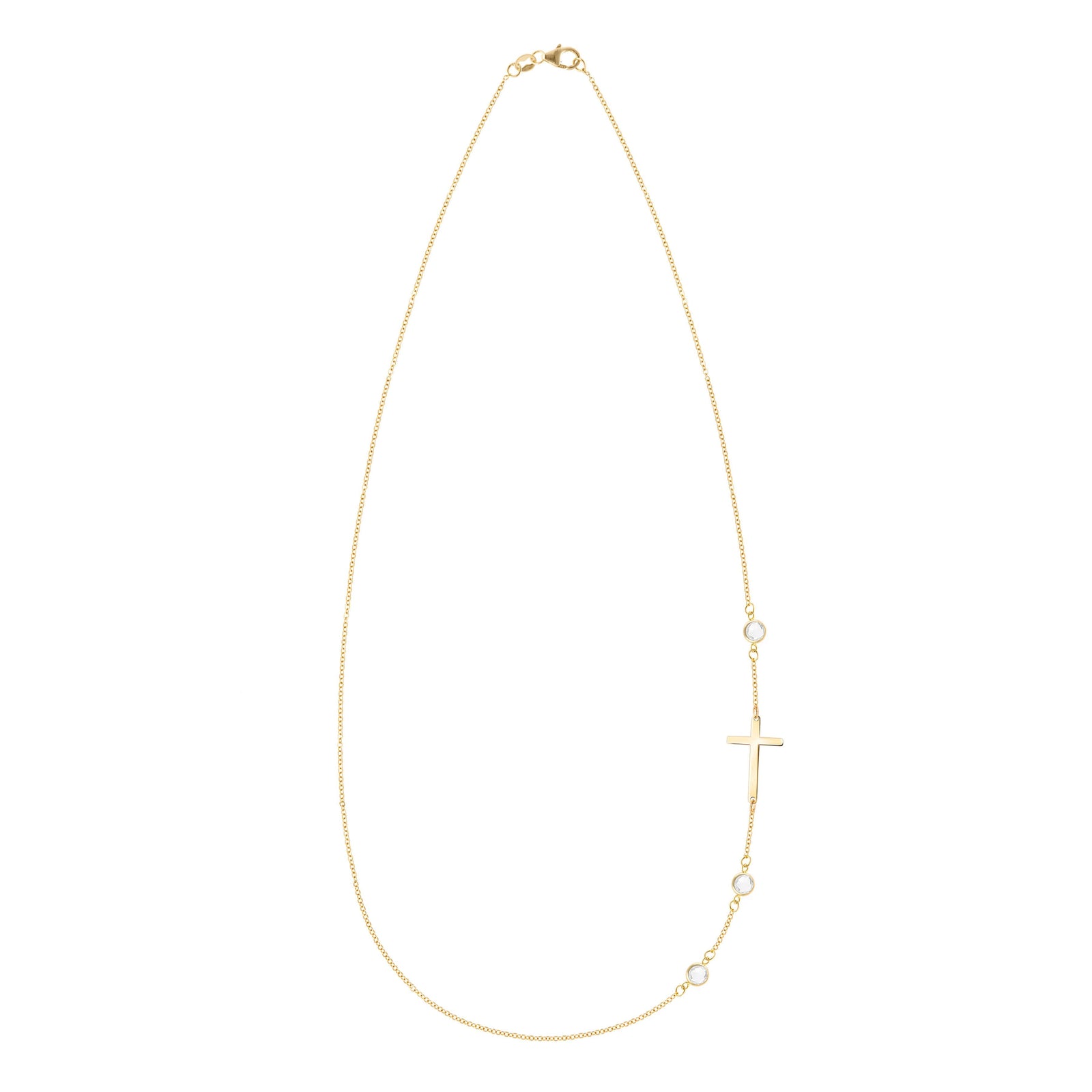 14k yellow gold 1.17 mm cable chain necklace featuring three round birthstones and a 1/2" cutout cross