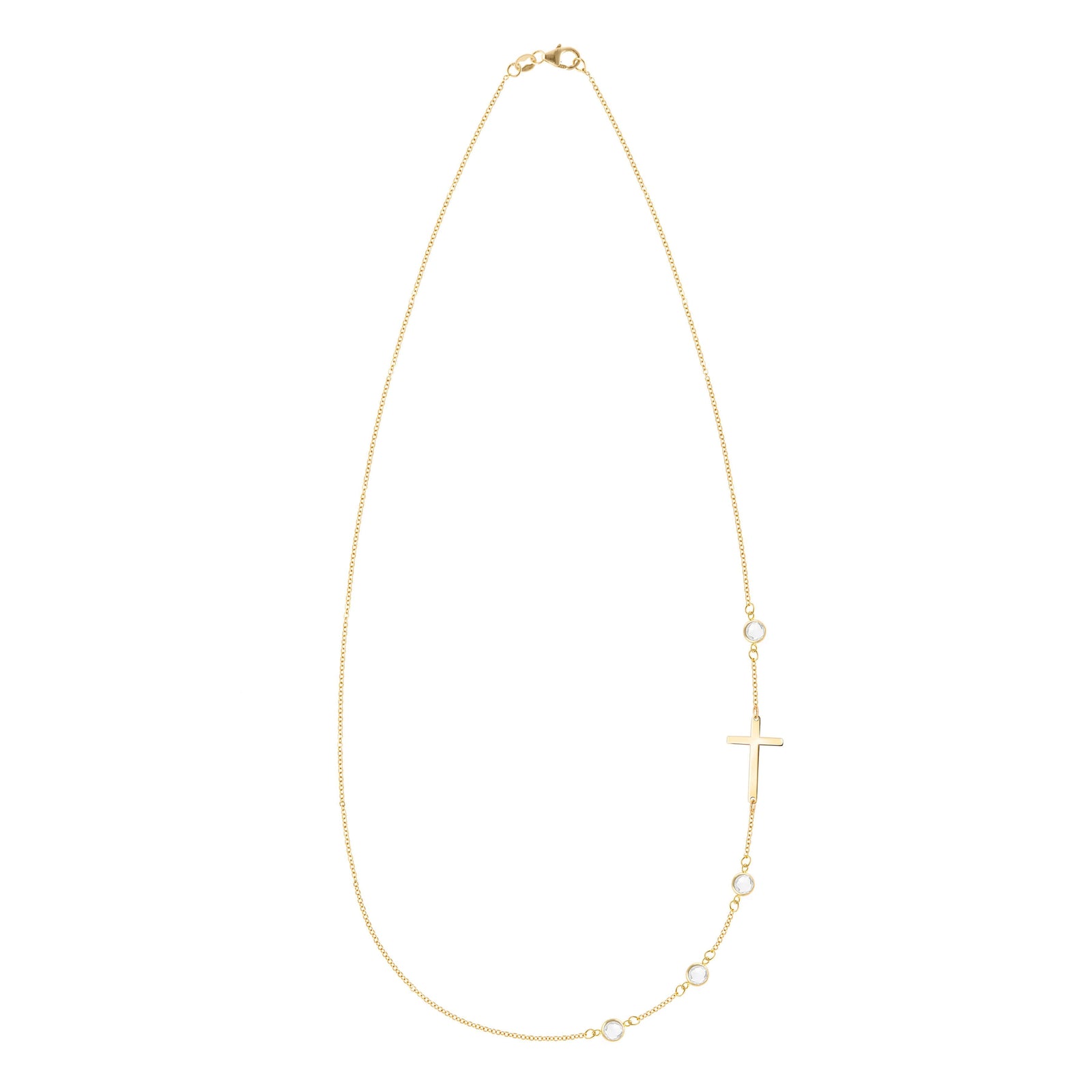 14k yellow gold 1.17 mm cable chain necklace featuring four round birthstones and a 1/2" cutout cross