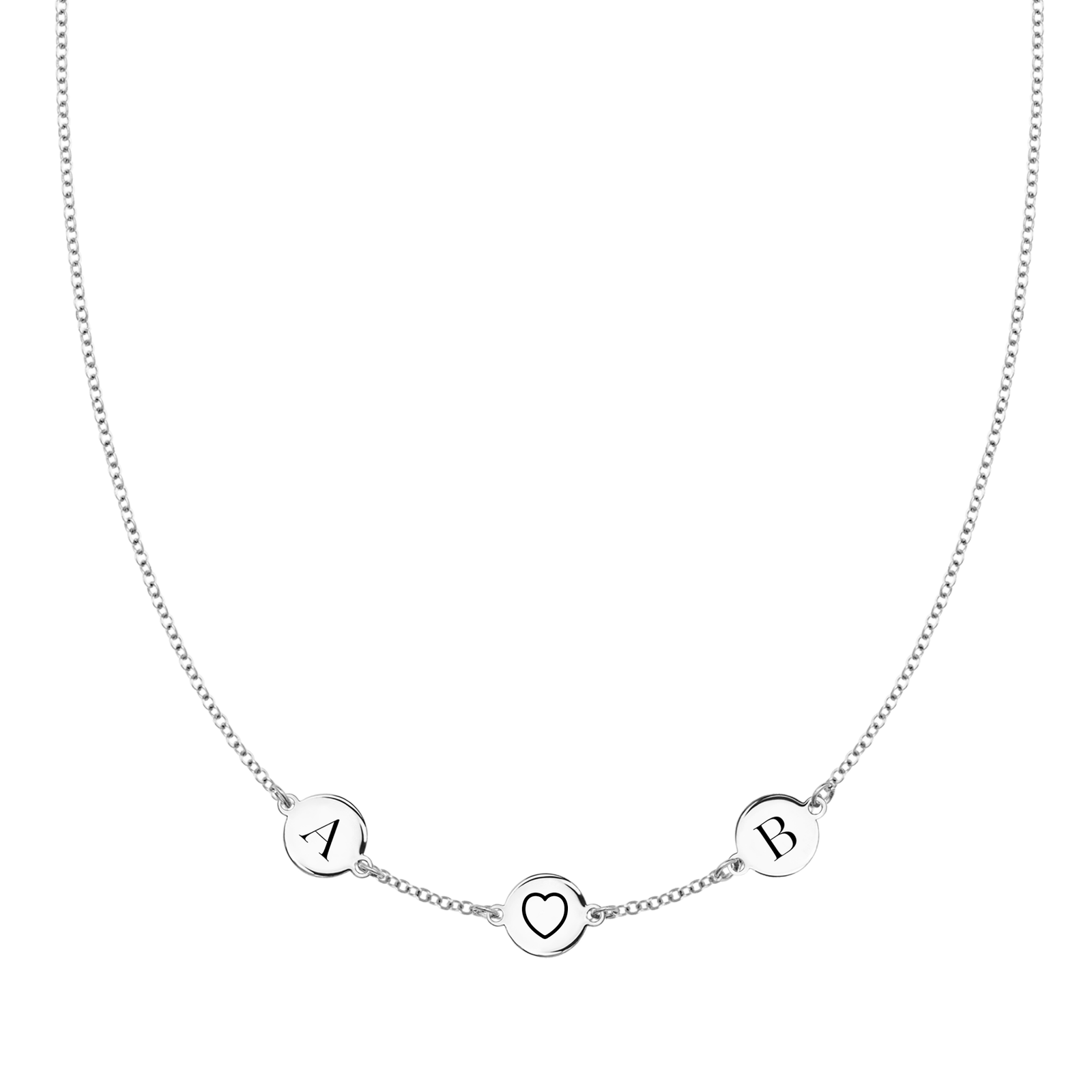 14k white gold necklace featuring one 1/4” flat disc engraved with a heart symbol and two letter-engraved discs