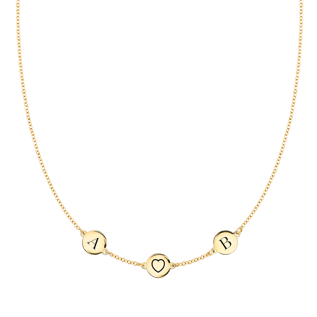 14k gold necklace featuring one 1/4” flat disc engraved with a heart symbol and two letter-engraved discs - front view
