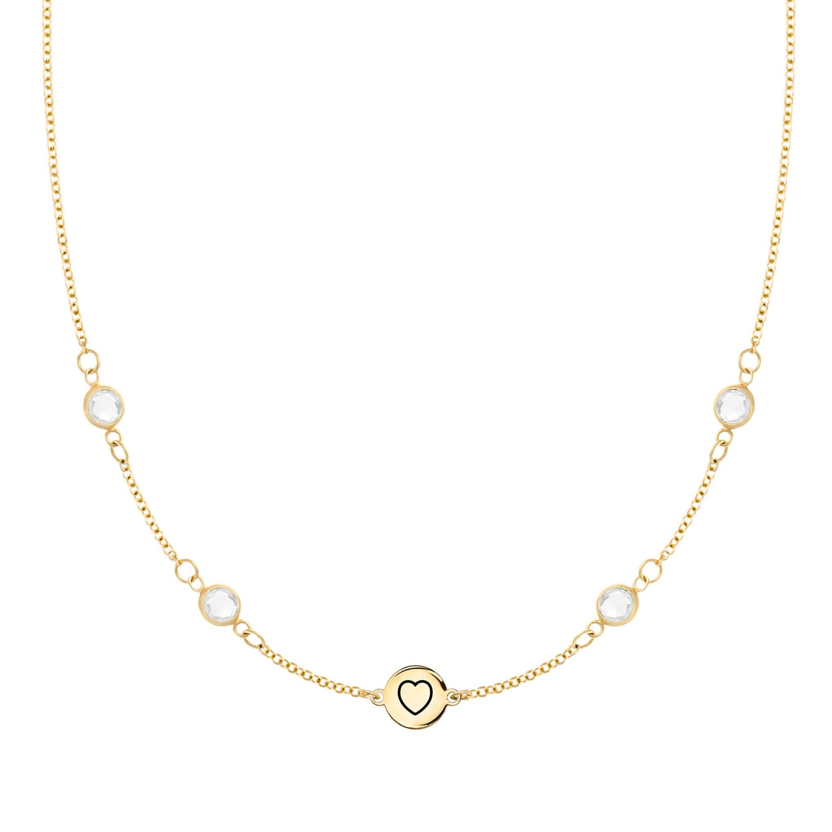 14k gold Classic necklace featuring four round birthstones and one 1/4” flat disc engraved with a heart - front view