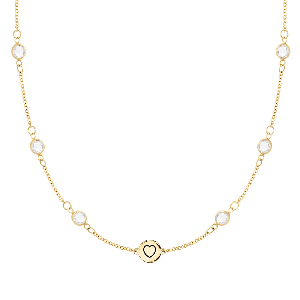 14k gold Classic necklace featuring six birthstones and one 1/4” flat disc engraved with a heart symbol - front view