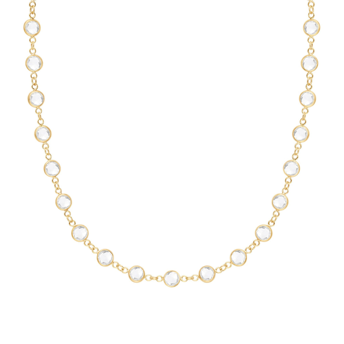 Newport necklace featuring nineteen 4 mm briolette cut white topaz bezel set in 14k yellow gold - front view