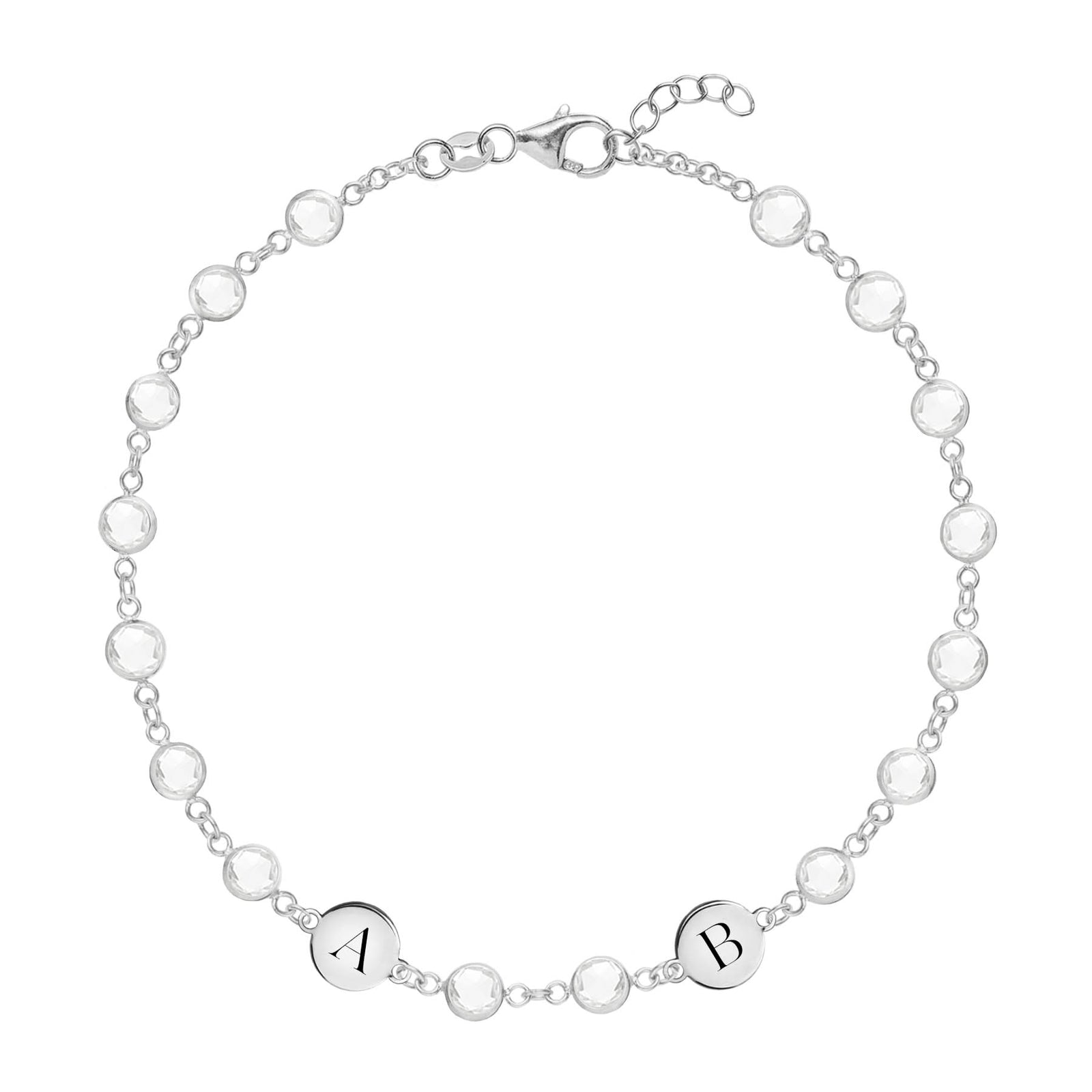 Newport 14k white gold bracelet featuring 4 mm gemstones and two 1/4” flat discs engraved with the letters H and L