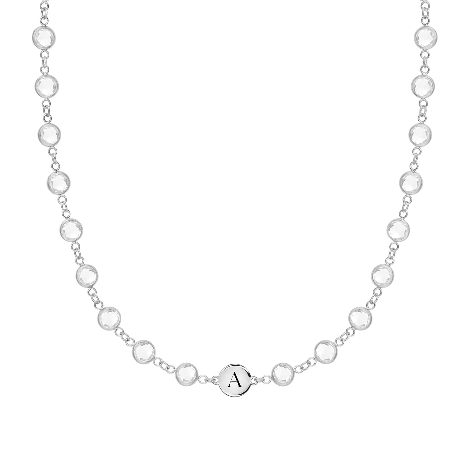 White gold Newport necklace featuring 4 mm briolette cut bezel set gemstones and a 1/4” flat disc engraved with the letter A