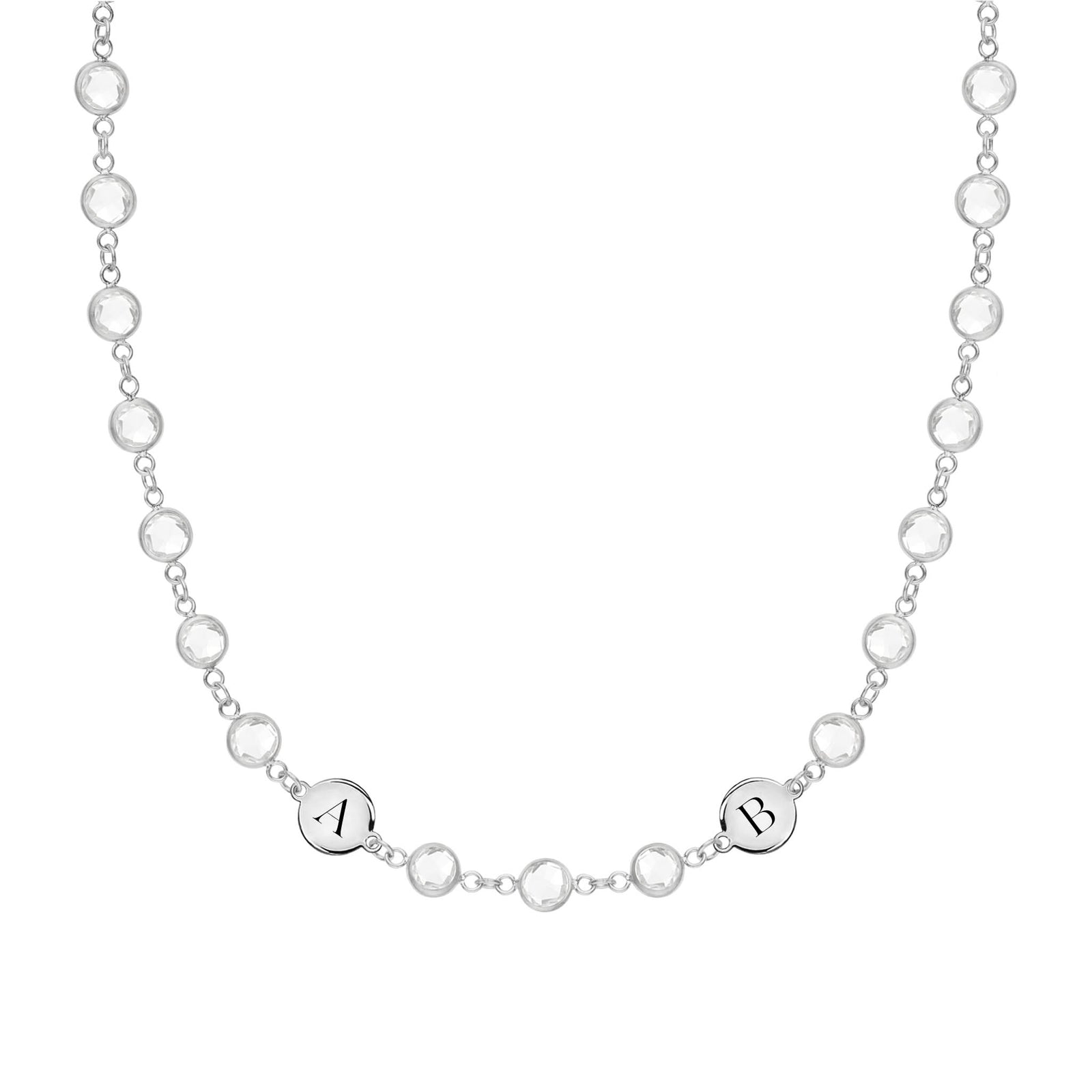 White gold Newport necklace featuring 4 mm briolette cut gemstones and two 1/4” flat discs engraved with the letters A & B