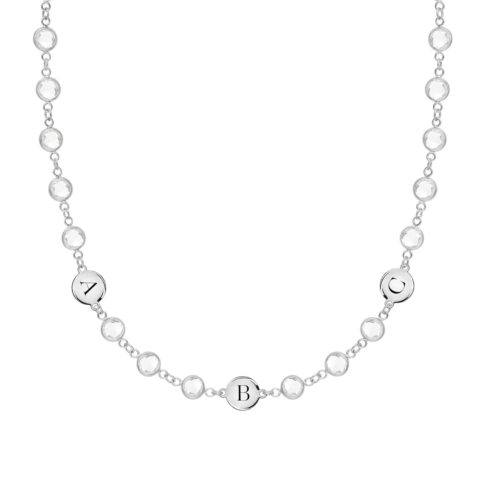 White gold Newport necklace featuring sixteen 4 mm gemstones and three 1/4” flat discs engraved with the letters A, B & C