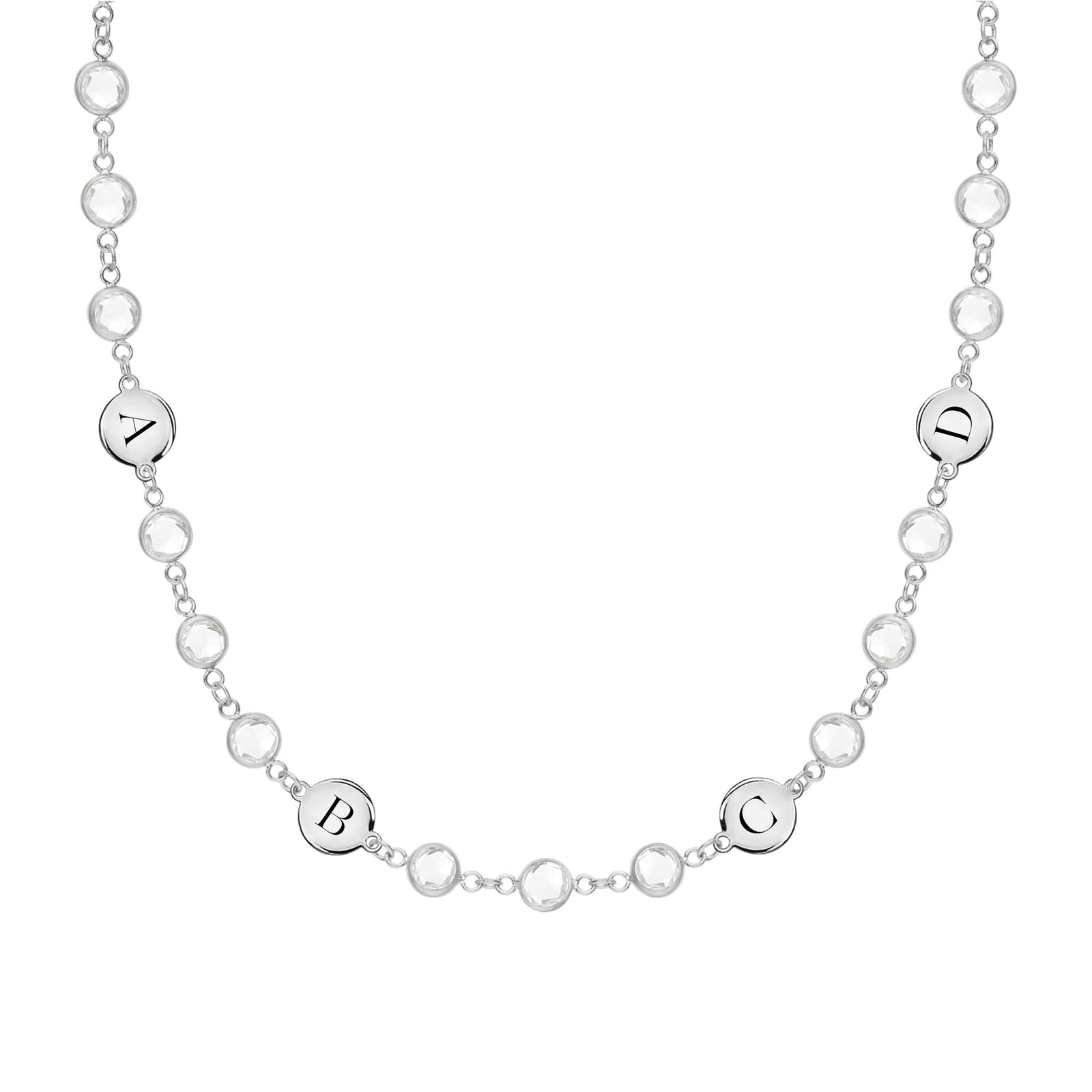 14k white gold Newport necklace featuring 4 mm gemstones and four 1/4” flat discs engraved with the letters A, B, C & D