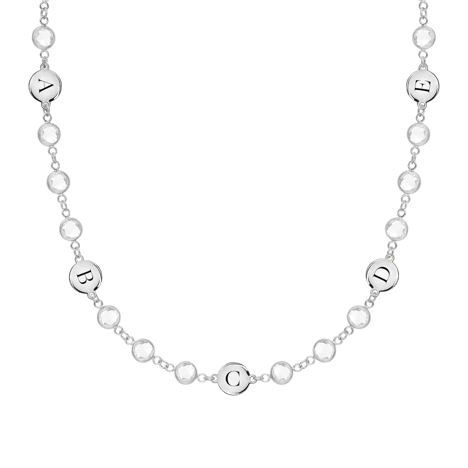 White gold Newport necklace featuring 4 mm gemstones and five 1/4” flat discs engraved with the letters A, B, C, D & E