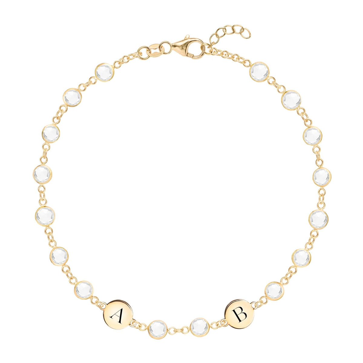 Newport 14k gold bracelet featuring sixteen 4 mm briolette gemstones and two 1/4” flat discs engraved with the letters A & B