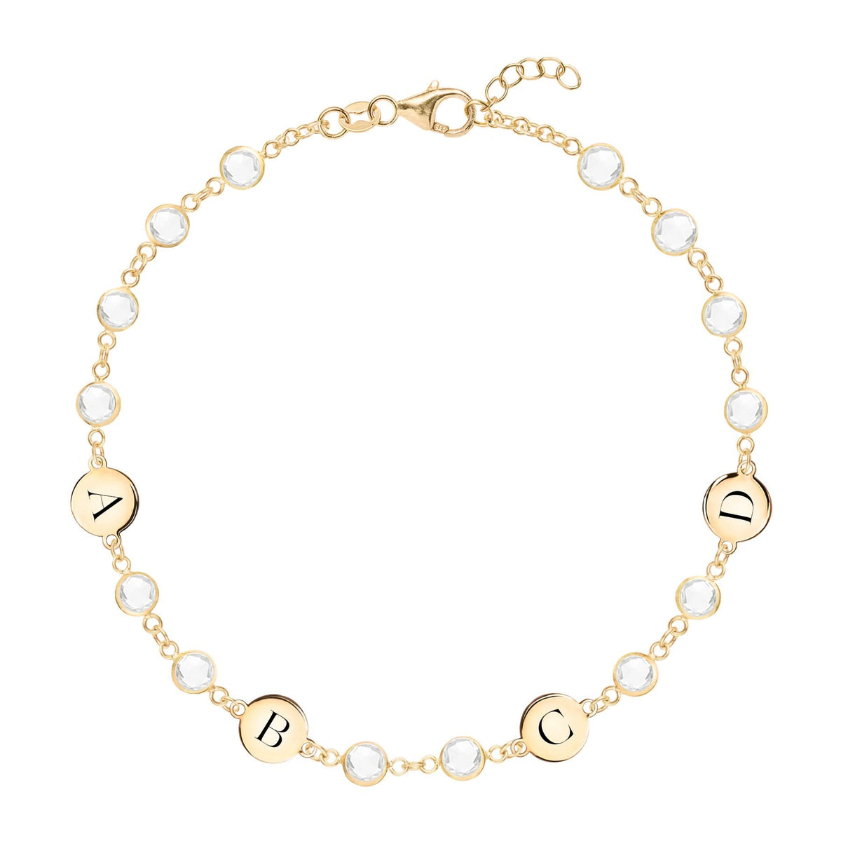 Newport 14k gold bracelet featuring fourteen 4 mm gemstones and four 1/4” flat discs engraved with the letters A, B, C & D