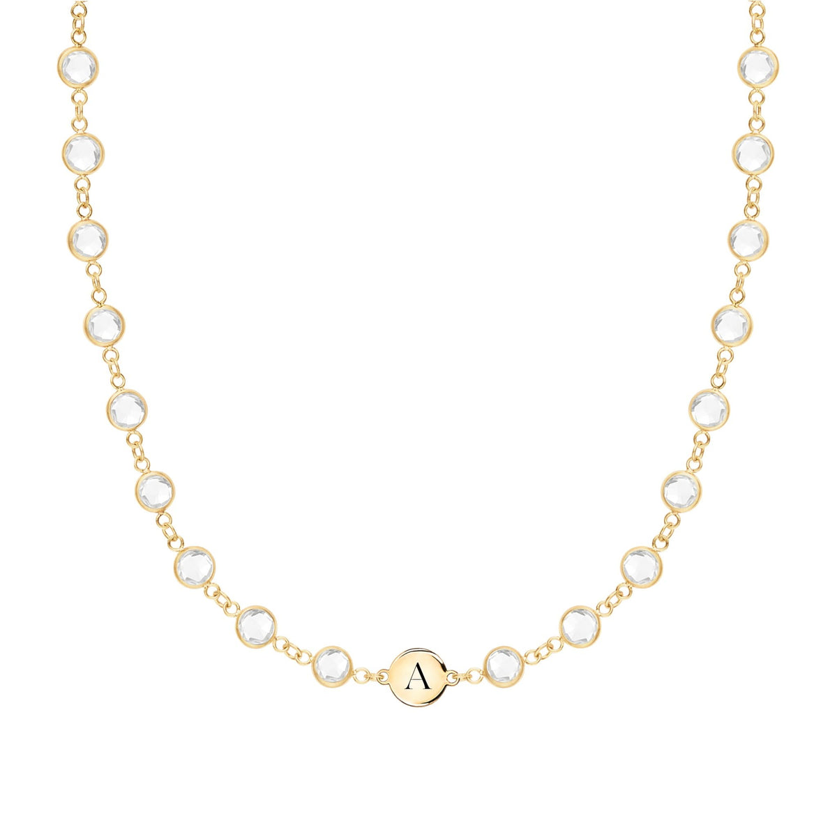 14k gold Newport necklace featuring 4 mm briolette cut bezel set gemstones and a 1/4” flat disc engraved with the letter A