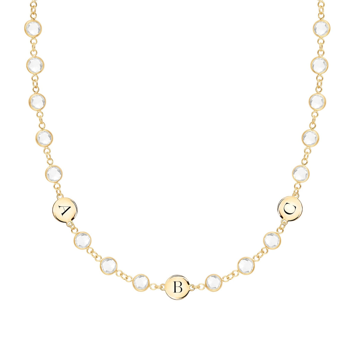 14k Gold Newport necklace featuring sixteen 4 mm gemstones and three 1/4” flat discs engraved with the letters A, B & C