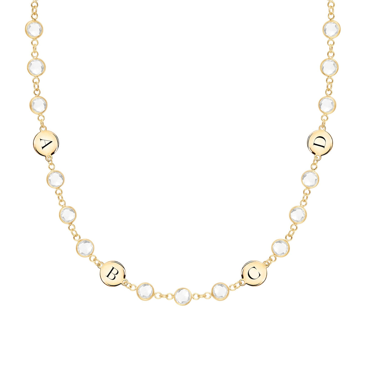 14k yellow gold Newport necklace featuring 4 mm gemstones and four 1/4” flat discs engraved with the letters A, B, C & D