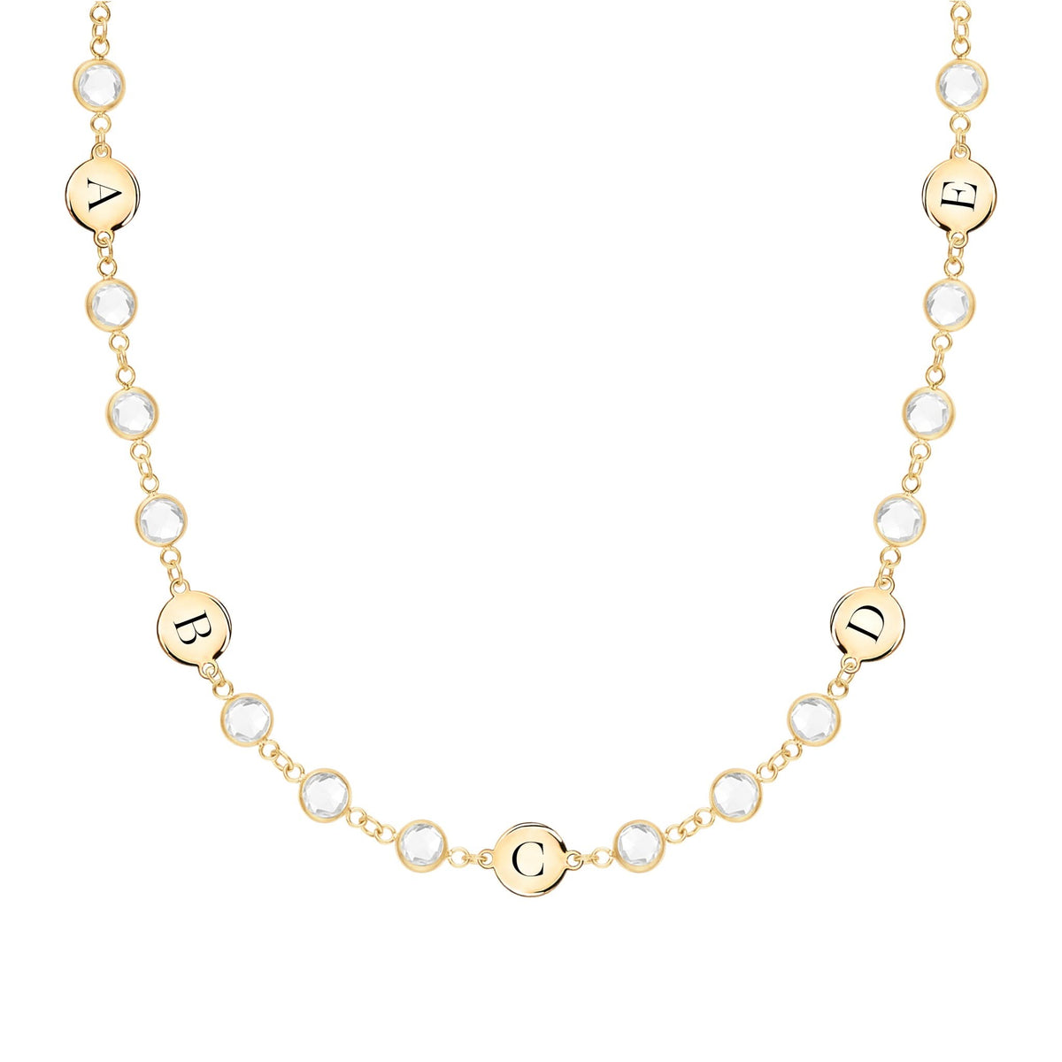 14k gold Newport necklace featuring 4 mm gemstones and five 1/4” flat discs engraved with the letters A, B, C, D & E