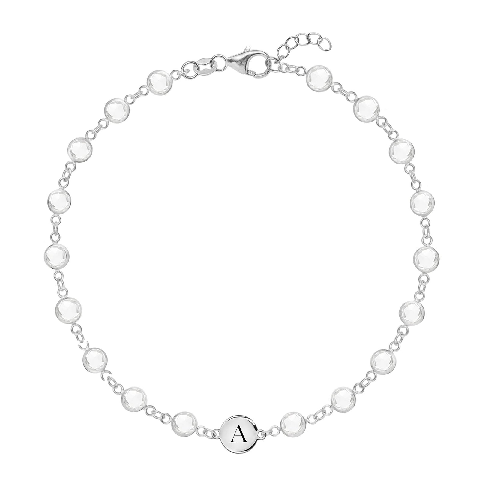 Newport 14k white gold bracelet featuring eighteen 4 mm briolette gemstones and a 1/4” flat disc engraved with the letter A