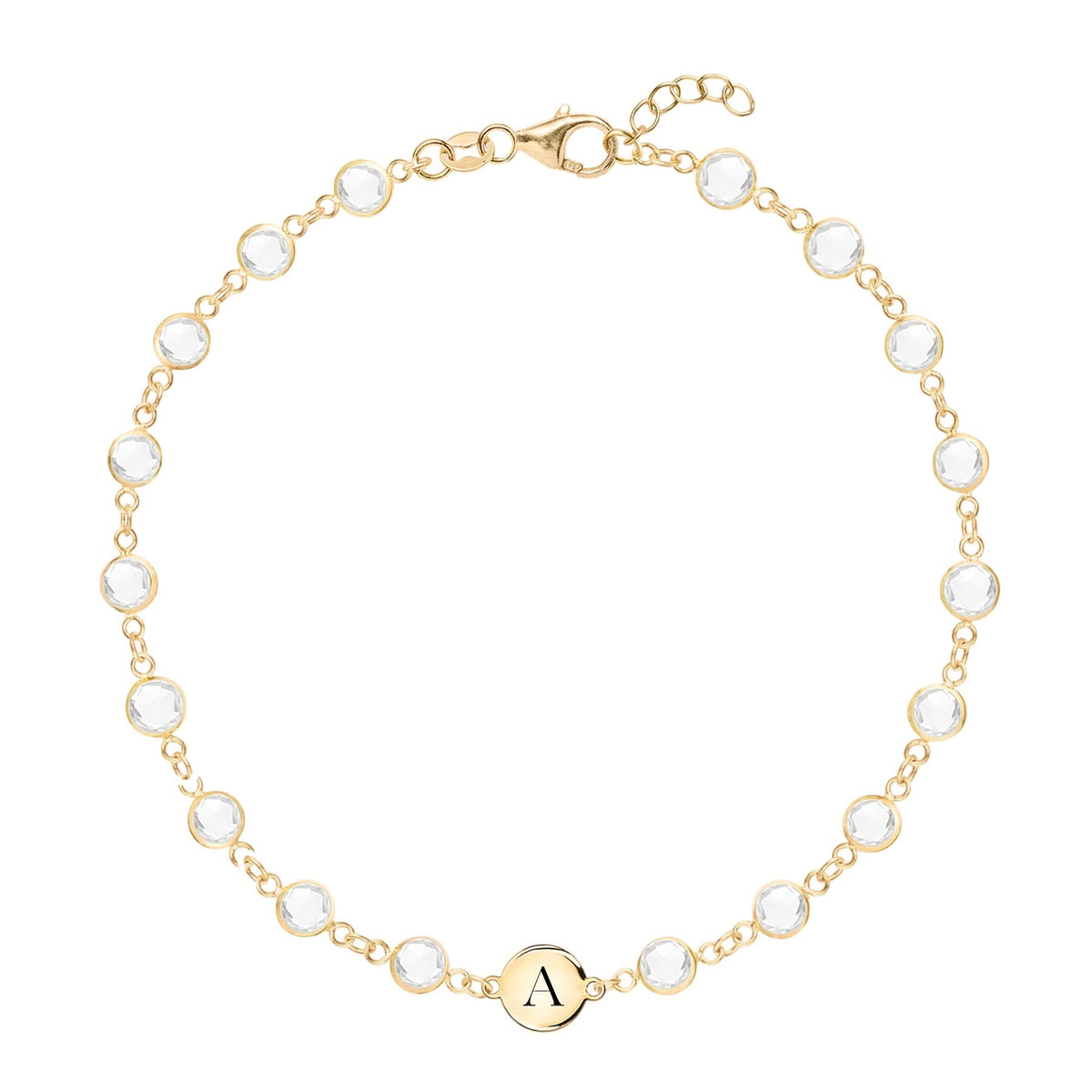 Newport 14k yellow gold bracelet featuring eighteen 4 mm briolette gemstones and a 1/4” flat disc engraved with the letter A
