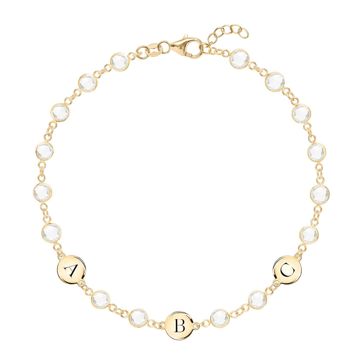 Newport 14k gold bracelet featuring 4 mm briolette gemstones and three 1/4” flat discs engraved with the letters A, B & C
