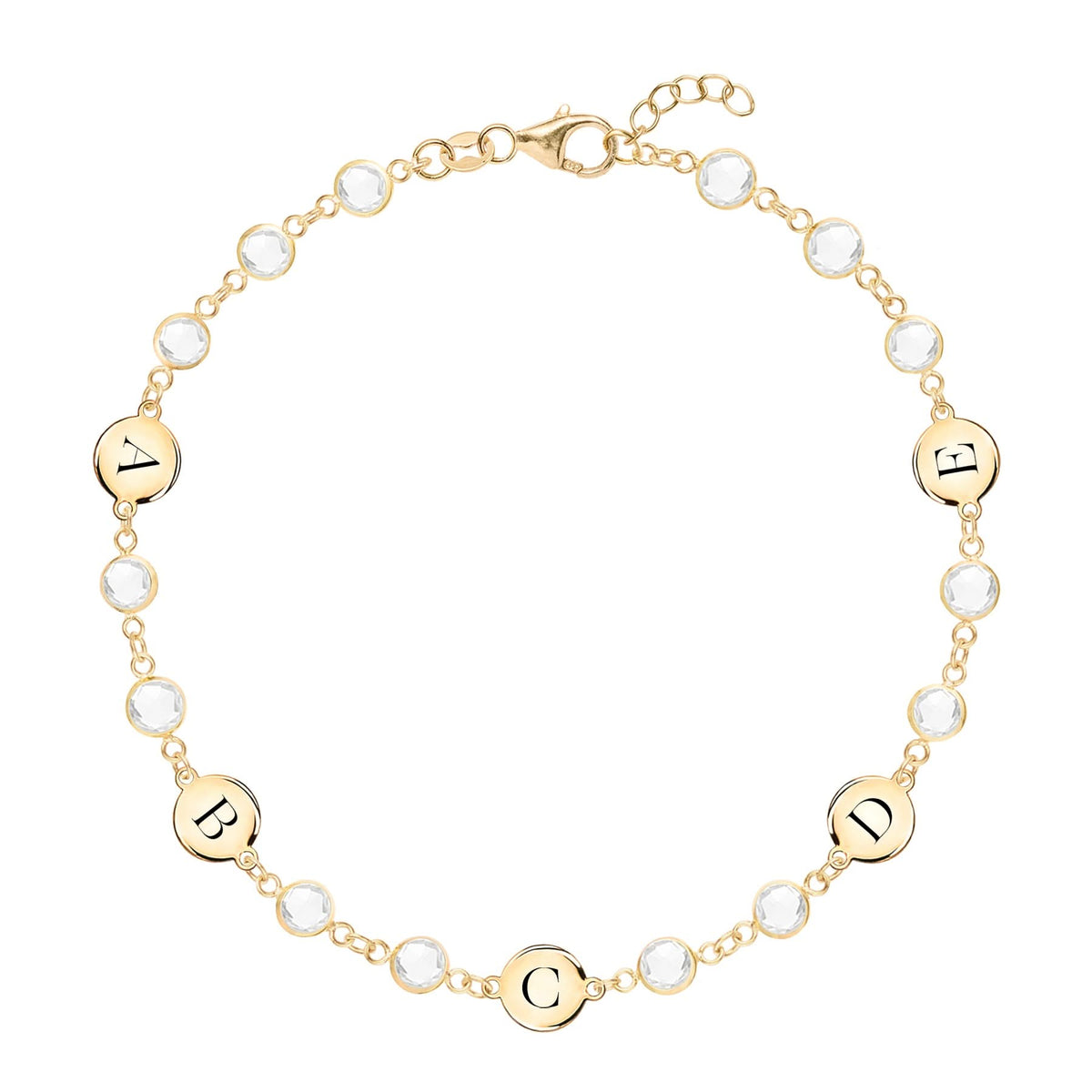 Newport gold bracelet featuring fourteen 4 mm gemstones and five 1/4” flat discs engraved with the letters A, B, C, D & E