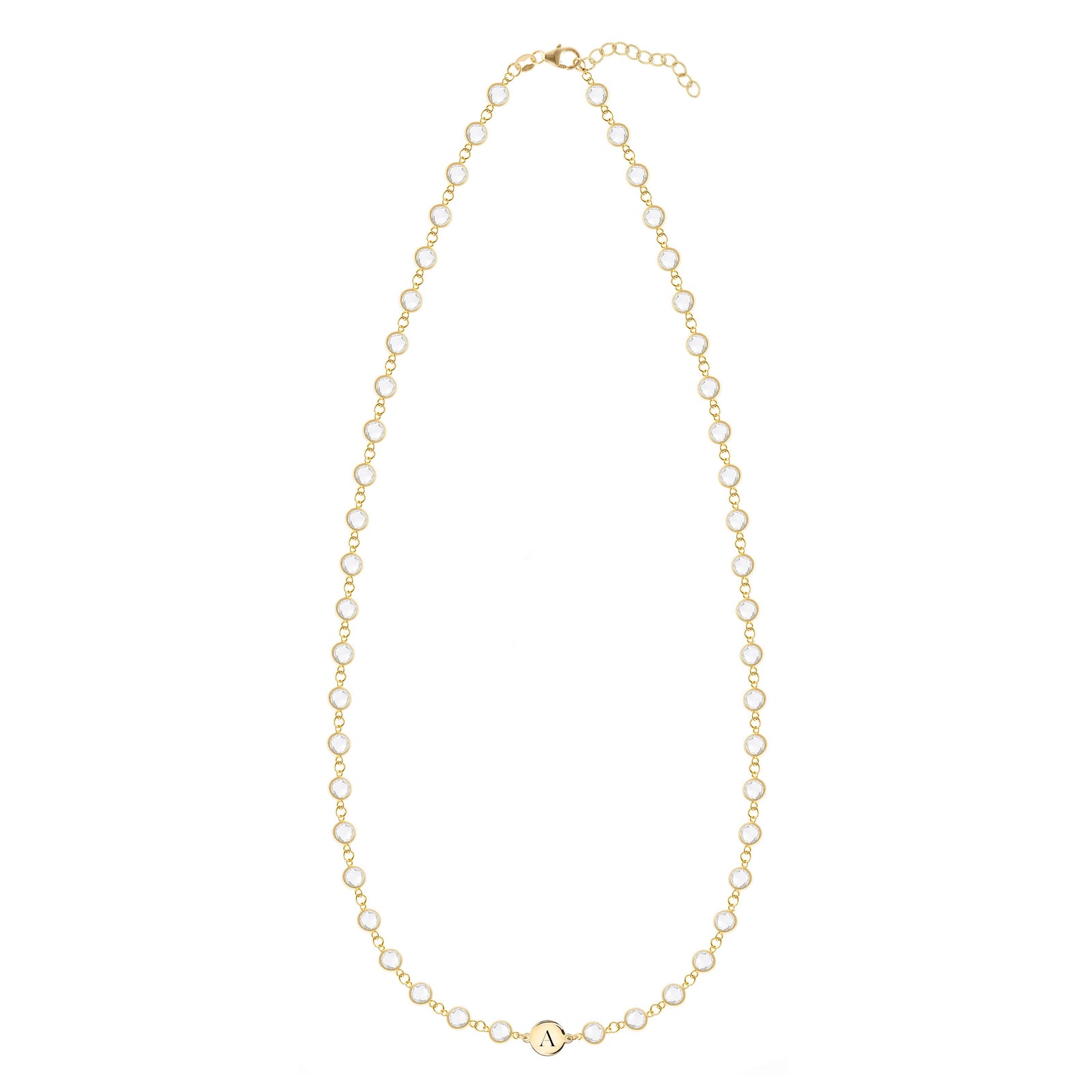 Gold Newport necklace featuring 48 4 mm briolette cut bezel set gemstones and a 1/4” flat disc engraved with the letter A