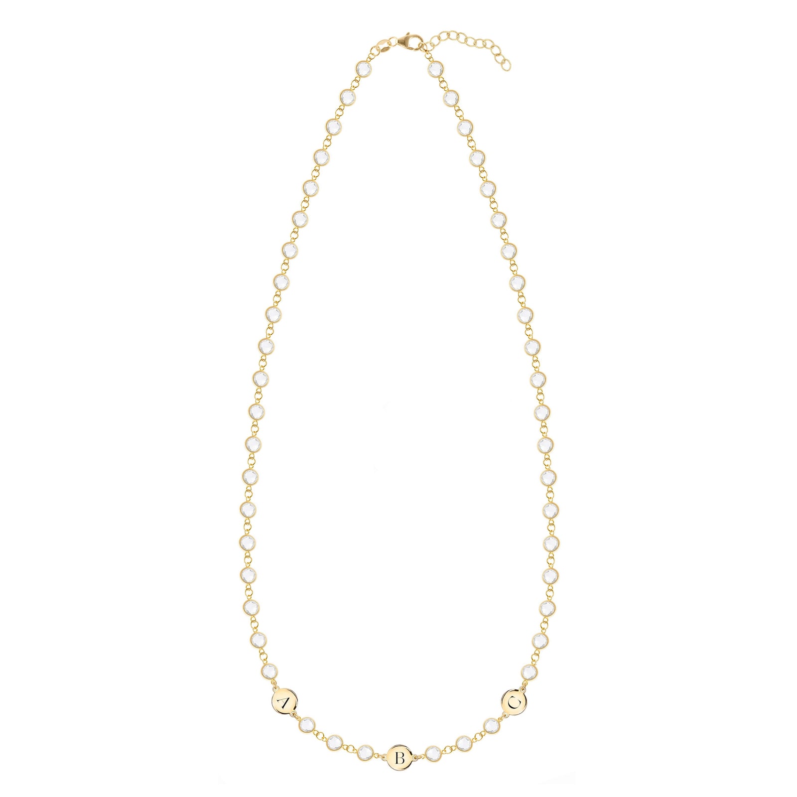 14k gold Newport necklace featuring forty-six 4 mm gemstones and three 1/4” flat discs engraved with the letters A, B & C