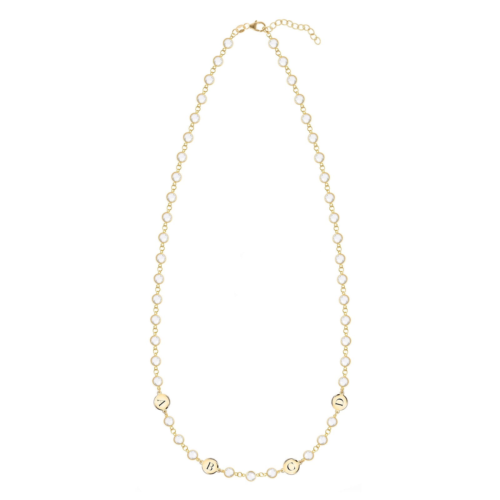 14k gold Newport necklace featuring forty-five 4 mm gemstones and four 1/4” flat discs engraved with the letters A, B, C & D