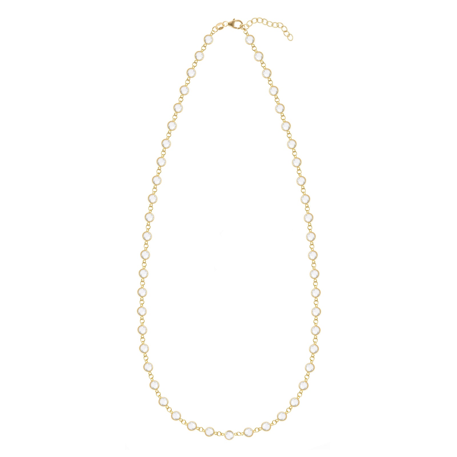 Newport necklace featuring forty-nine 4 mm briolette cut white topaz bezel set in 14k yellow gold
