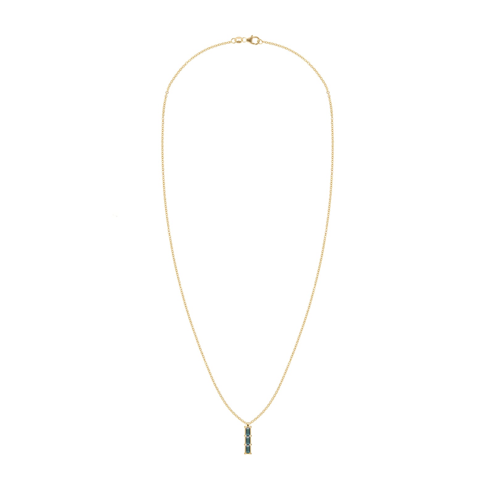 Providence Alexandrite vertical bar pendant necklace featuring 3 petite baguette stones set in 14k yellow gold