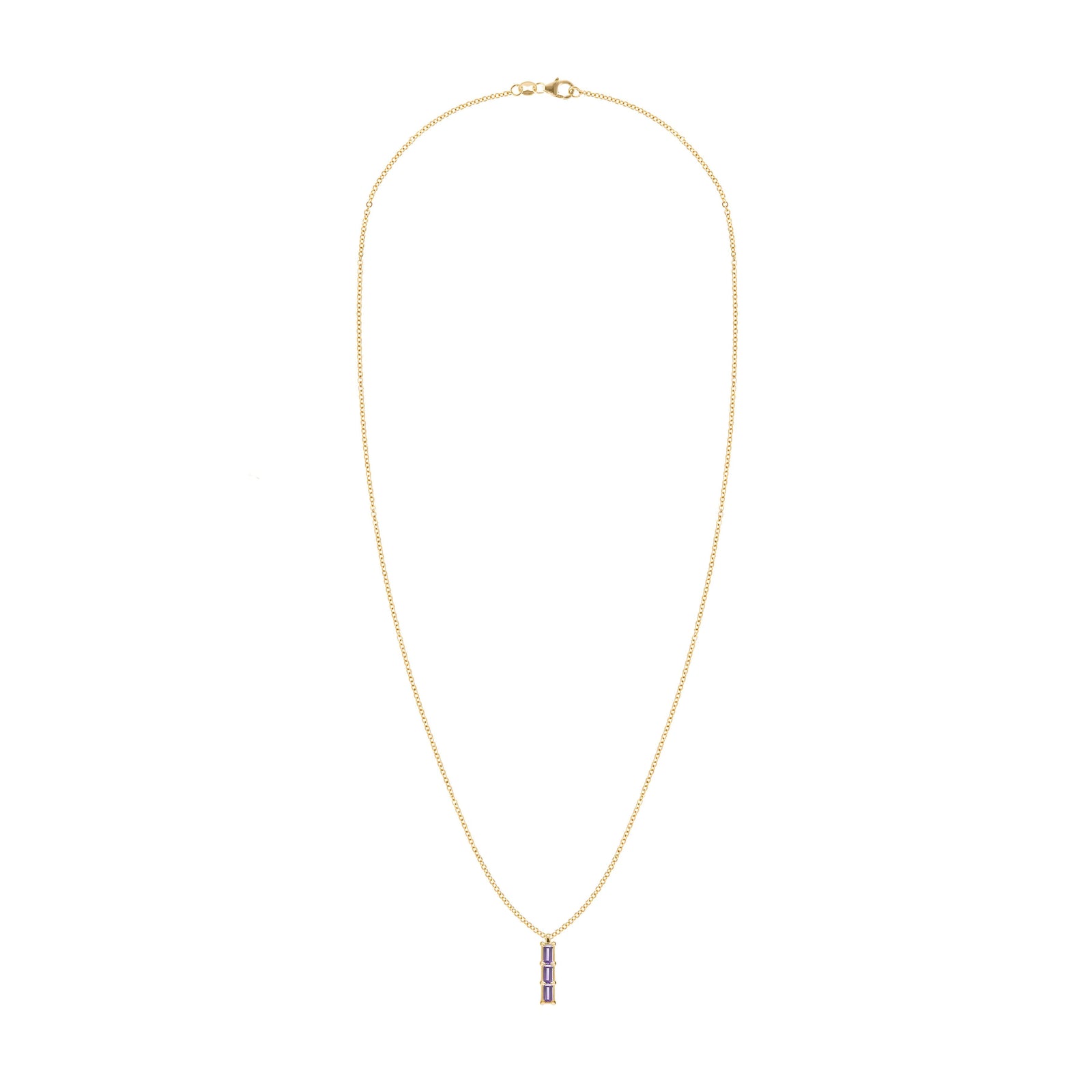 Providence Amethyst vertical bar pendant necklace featuring 3 petite baguette stones set in 14k yellow gold