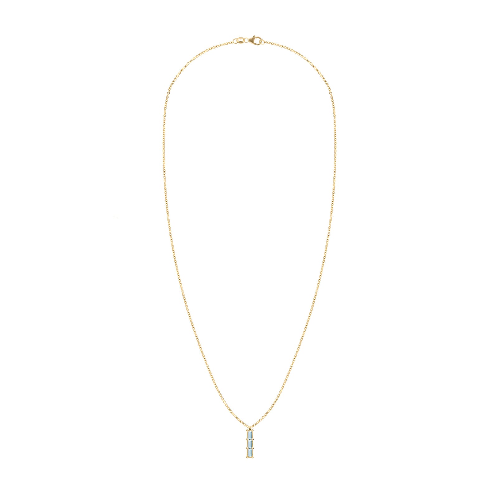 Providence Nantucket Blue Topaz vertical bar pendant necklace featuring 3 petite baguette stones set in 14k yellow gold