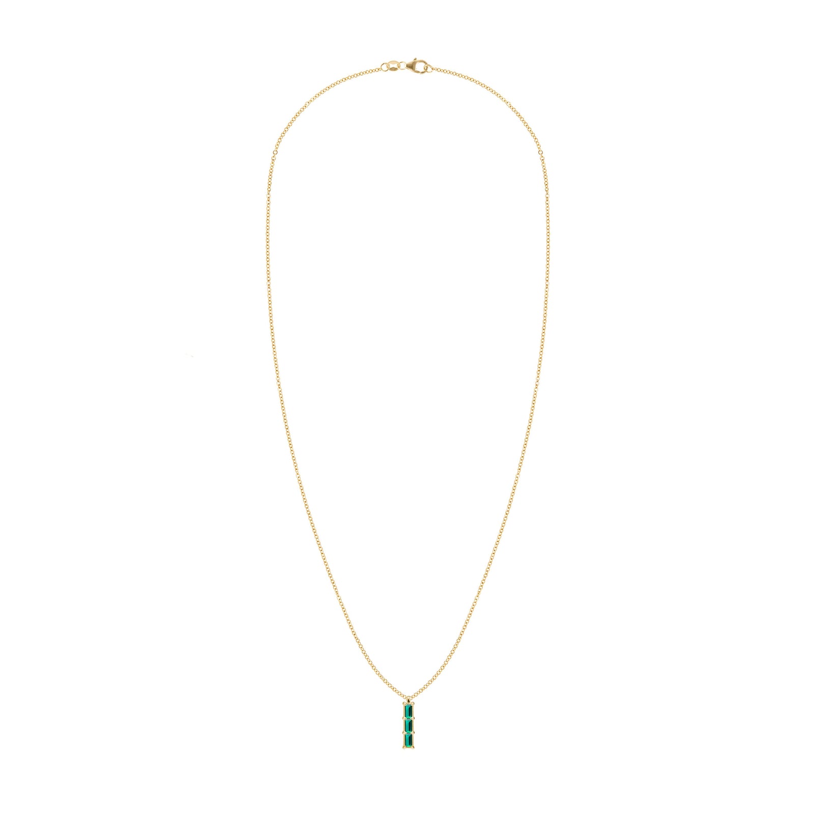 Providence Emerald vertical bar pendant necklace featuring 3 petite baguette stones set in 14k yellow gold