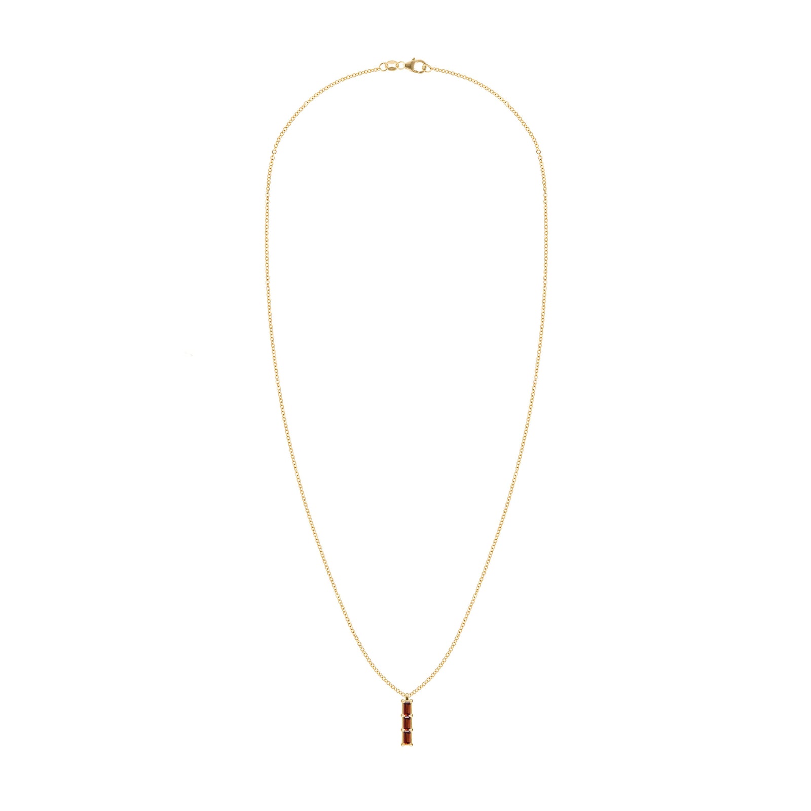 Providence Garnet vertical bar pendant necklace featuring 3 petite baguette stones set in 14k yellow gold