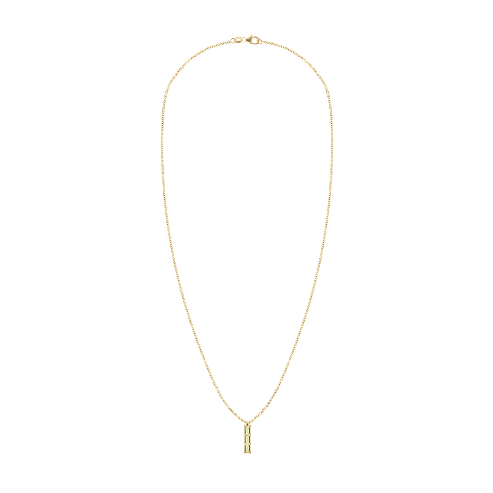 Providence Peridot vertical bar pendant necklace featuring 3 petite baguette stones set in 14k yellow gold